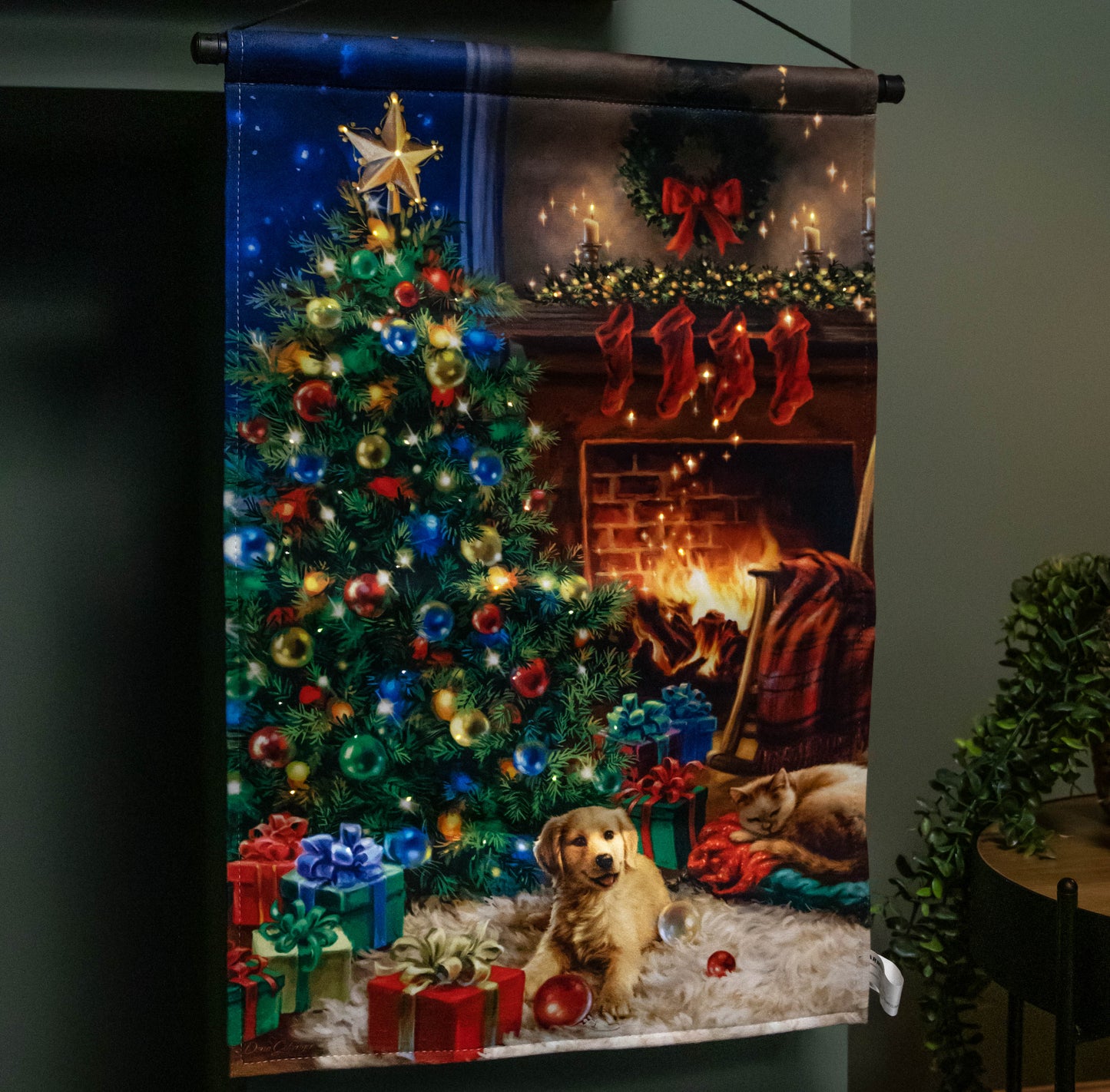 60 x 40cm Battery Operated Light up Fireplace and Tree Fabric Hanging Christmas Banner