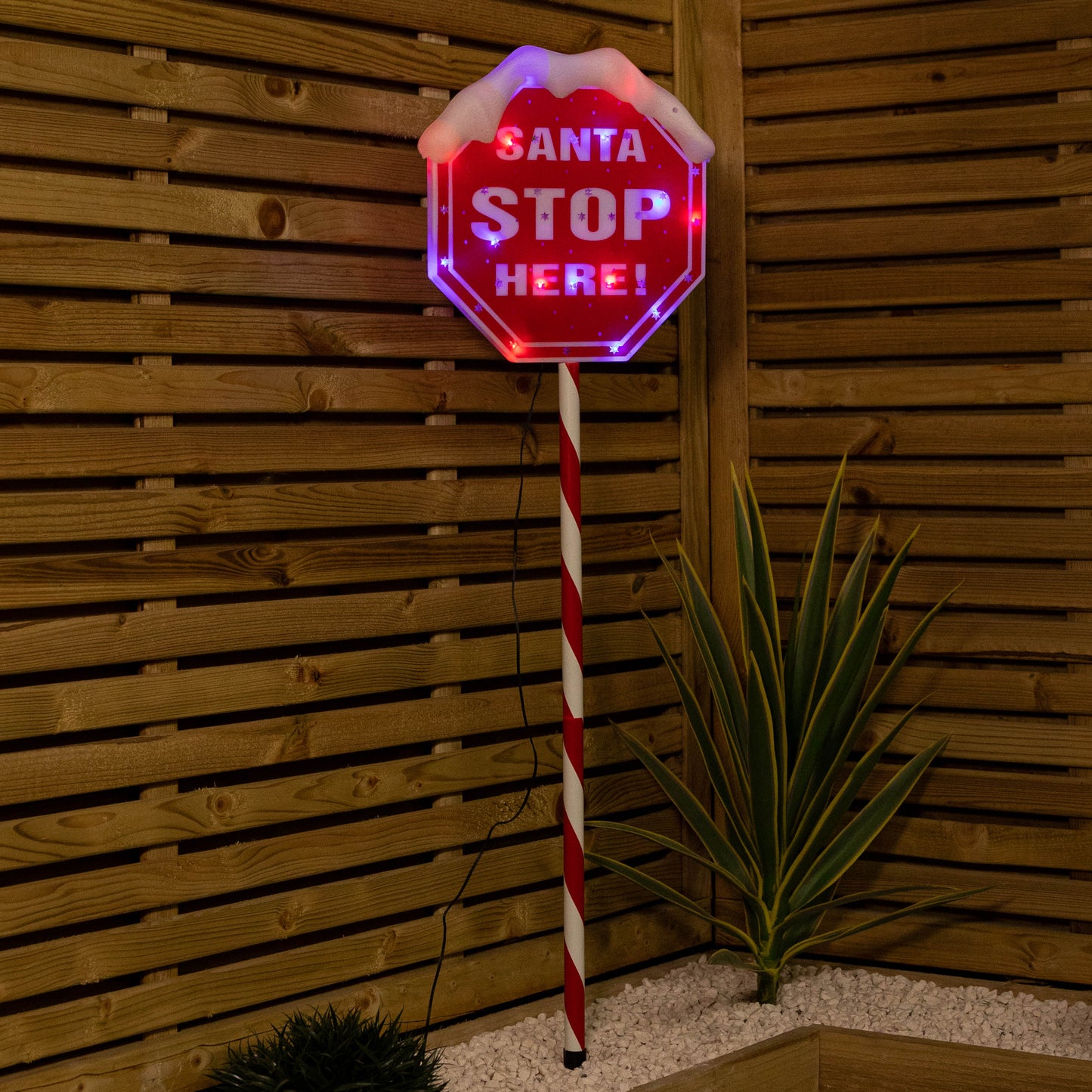 1m Light up Red Santa Stop Here Sign with 30 Multi-Coloured LEDs 