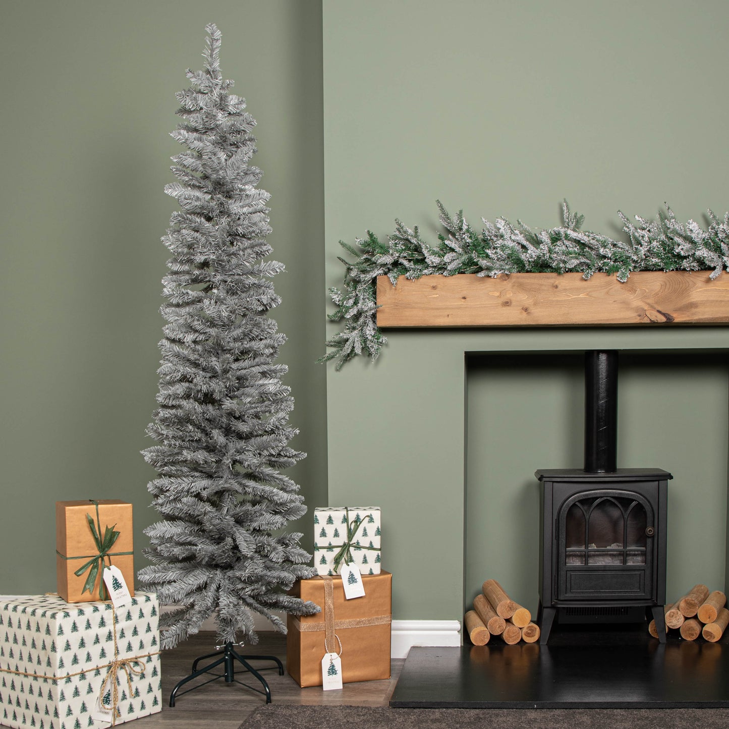 6ft (1.8m) Grey Artificial Pencil Christmas Tree With Green Metal Stand and 321 Tips