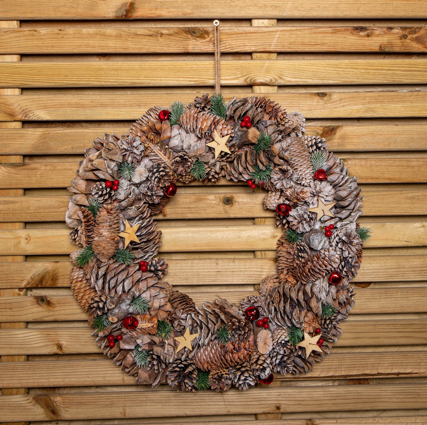 50cm Frosted Hanging Christmas Wreath with Red Jingle Bells & Wooden Stars