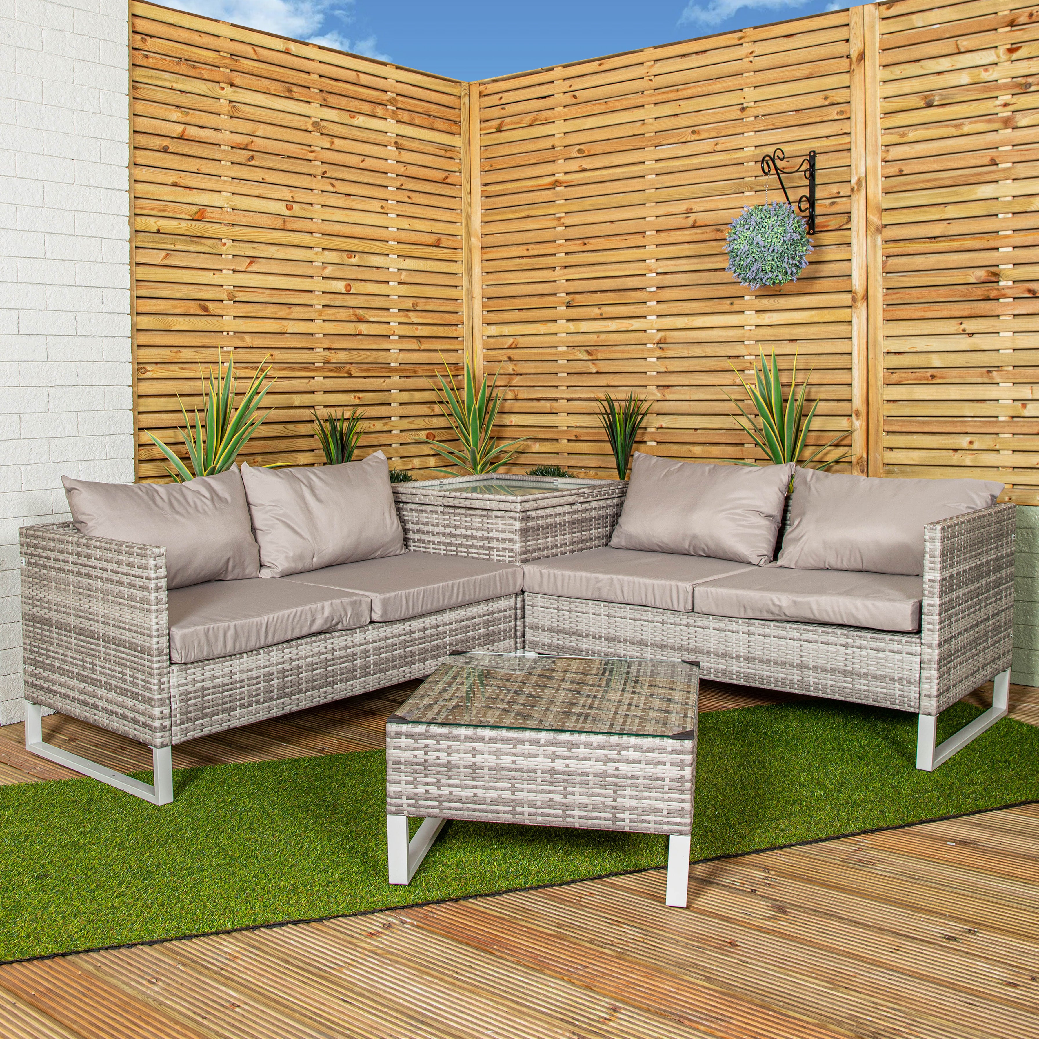 Samuel Alexander 4 Seater Grey Rattan Chair Garden Sofa Set with Glass Table Top Corner Furniture