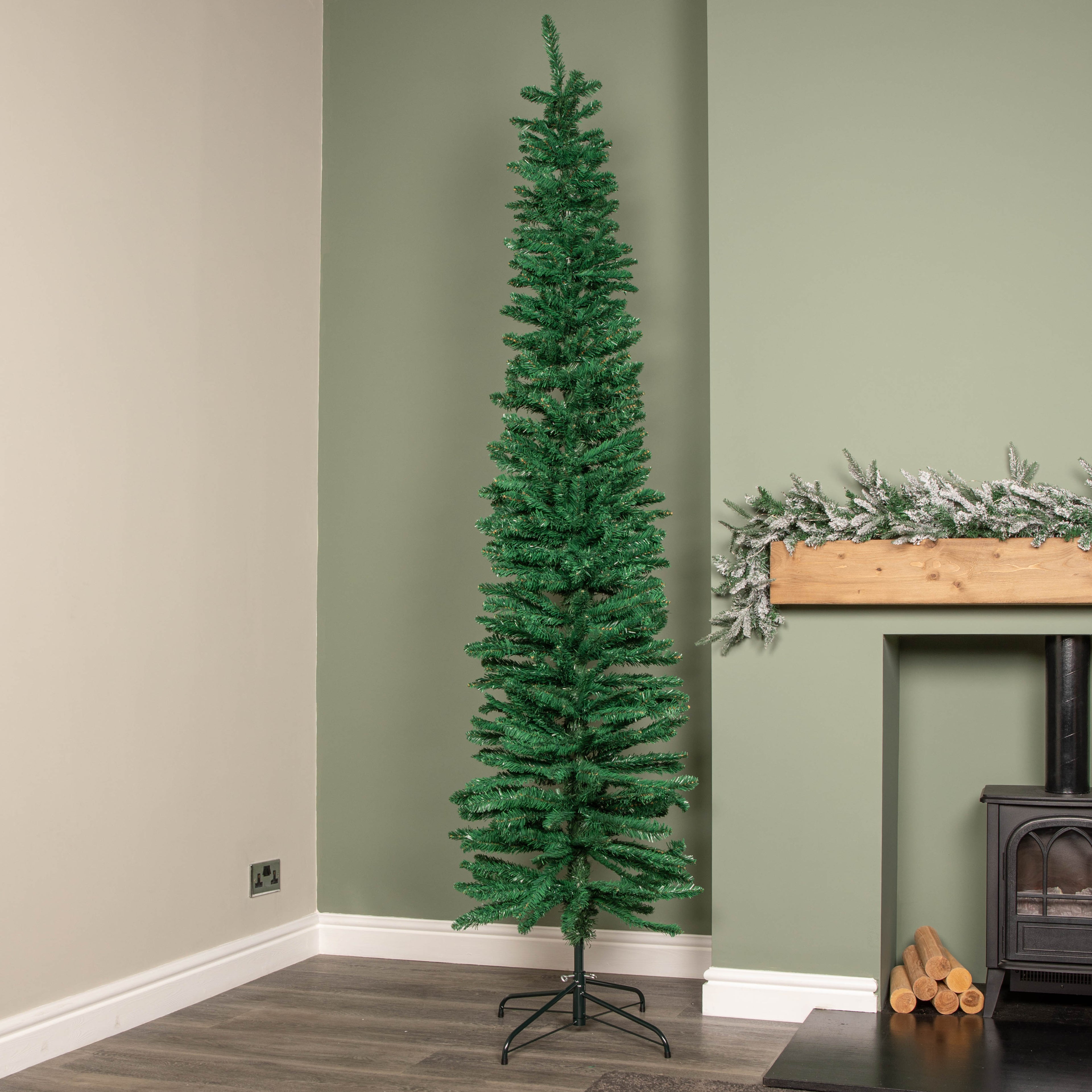 8ft (2.4m) Green Artificial Pencil Christmas Tree With Green Metal Stand and 460 Tips