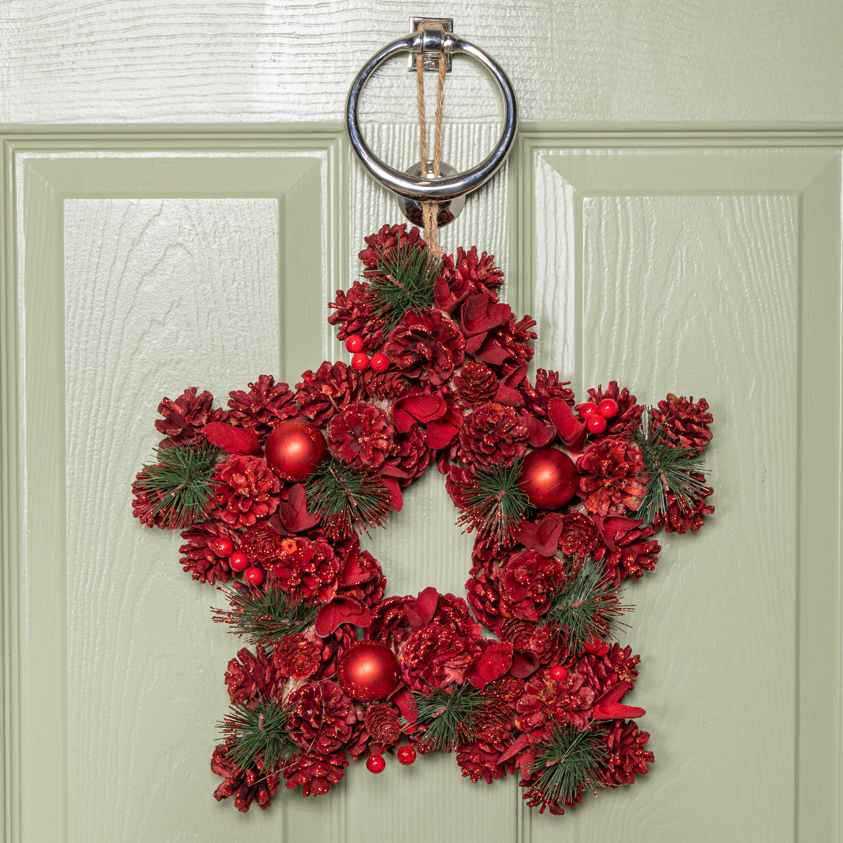 35cm Ruby Pine Hanging Christmas Star Wreath with Red Pinecones and Berries