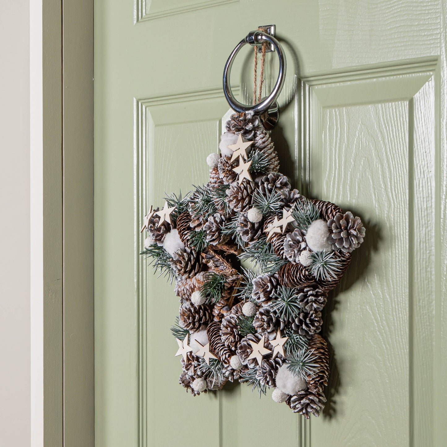 35cm Frosted Hanging Christmas Star Wreath with Pine Cones & Wooden Stars