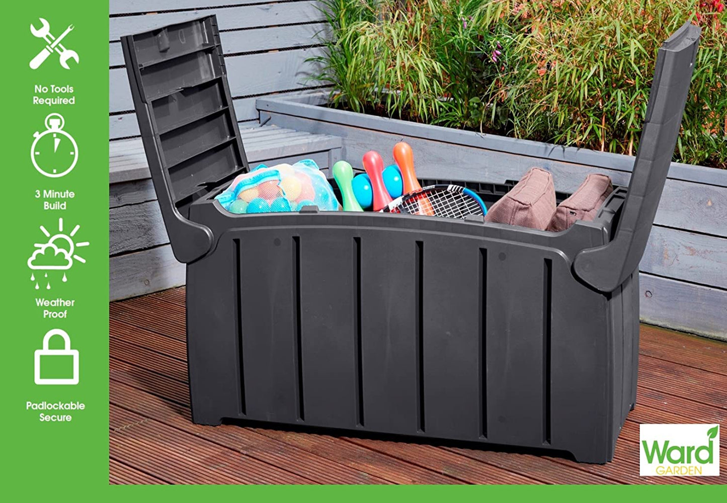 Black 115cm x 55cm x 60cm Butterfly Opening Top 300 Litre Large Garden Storage Box Weatherproof with Padlock Hole