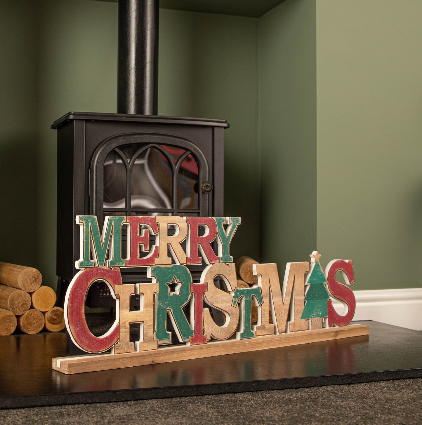 80cm Red and Green Wooden Merry Christmas Table Top Sign