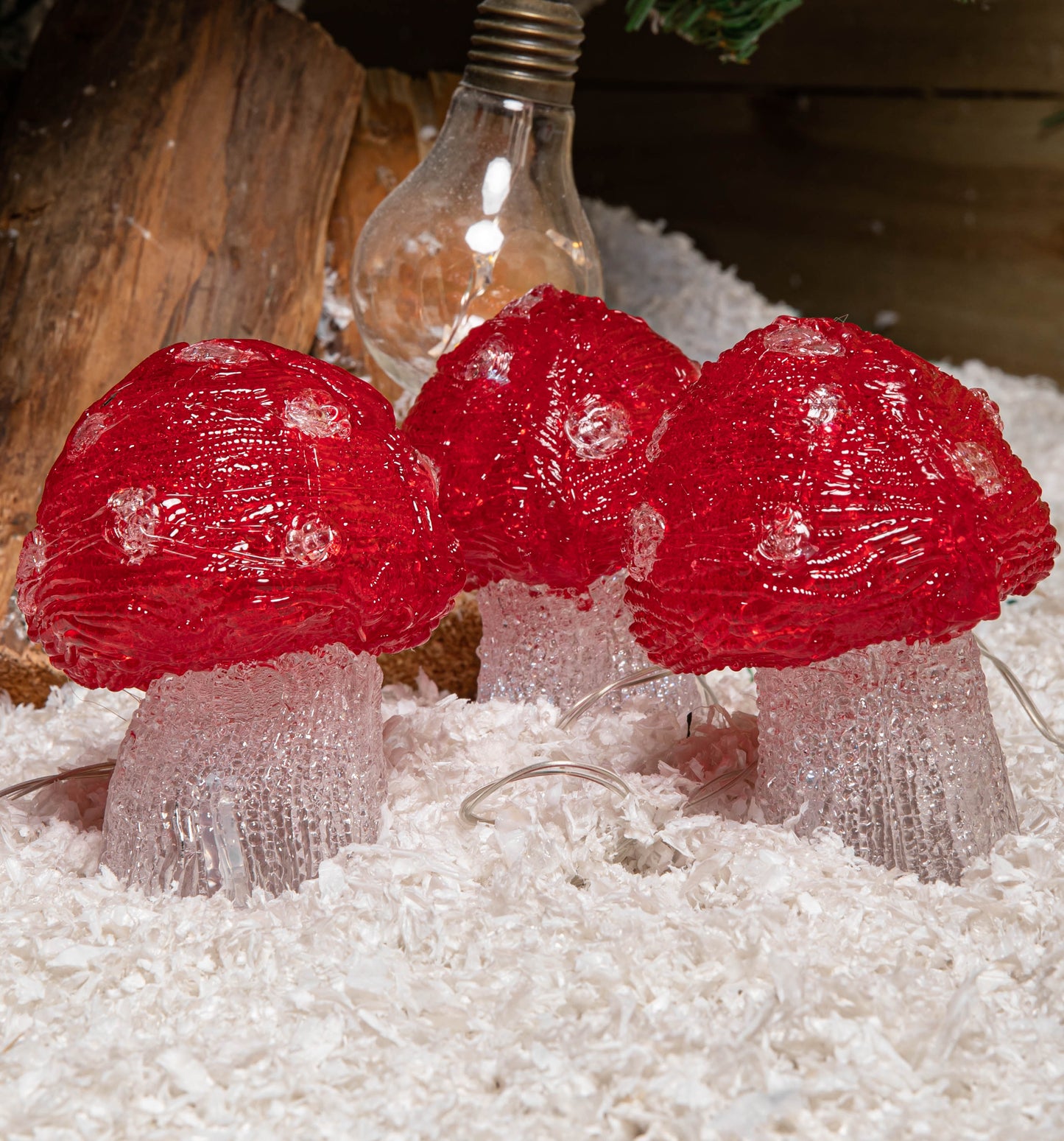 Set of 5 Battery Operated Red & White Acrylic Christmas Mushrooms with Cool White LEDs