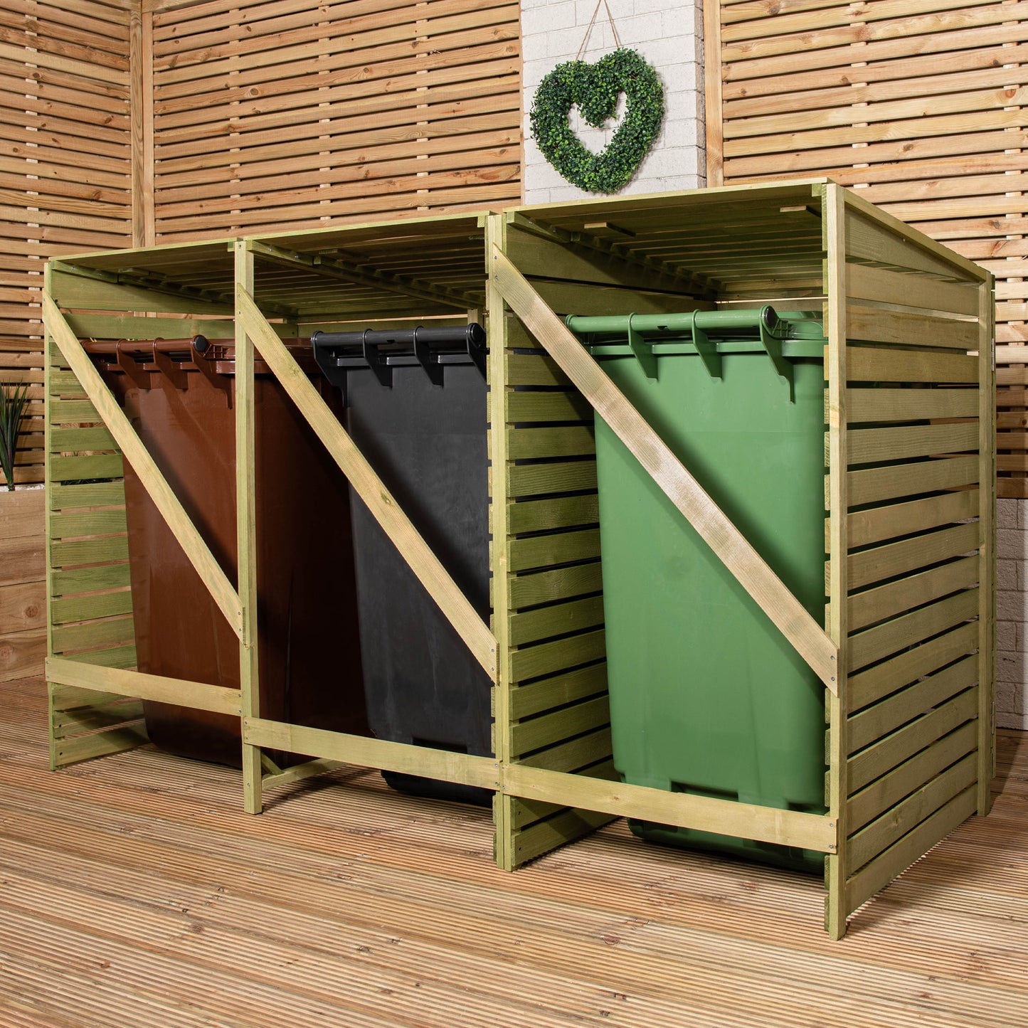 1.99m x 1.22m Large Wooden Outdoor Garden Triple Wheelie Bin Store Storage for 3 Bins