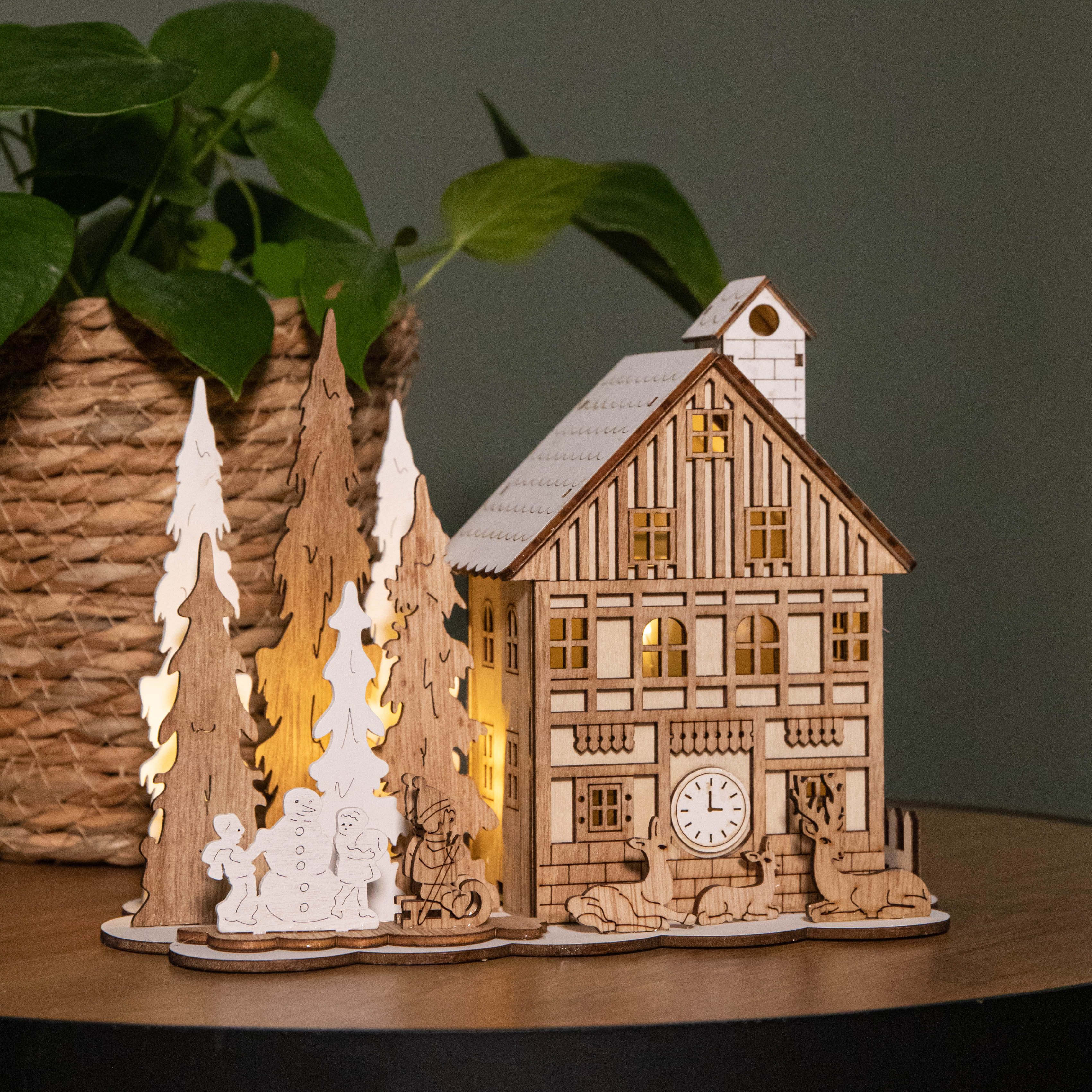 16cm Battery Operated Light up Wooden House Scene with Christmas Trees and Warm White LEDs