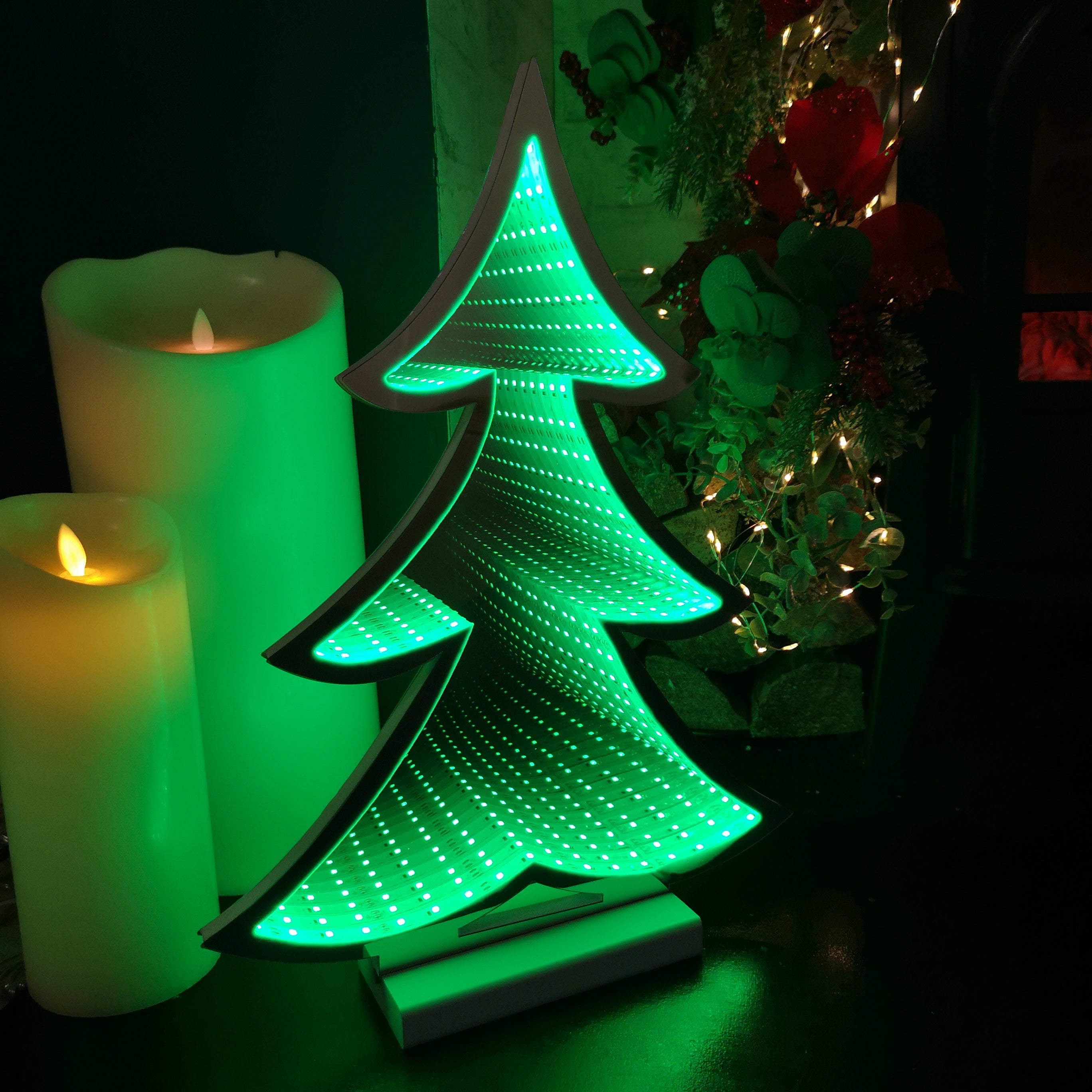 40cm Infinity Light up Christmas Tree Decoration with Green LEDs on Wooden Base