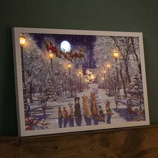 40 x 60cm Battery Operated Light up Christmas Canvas with Cats and Dogs Scene