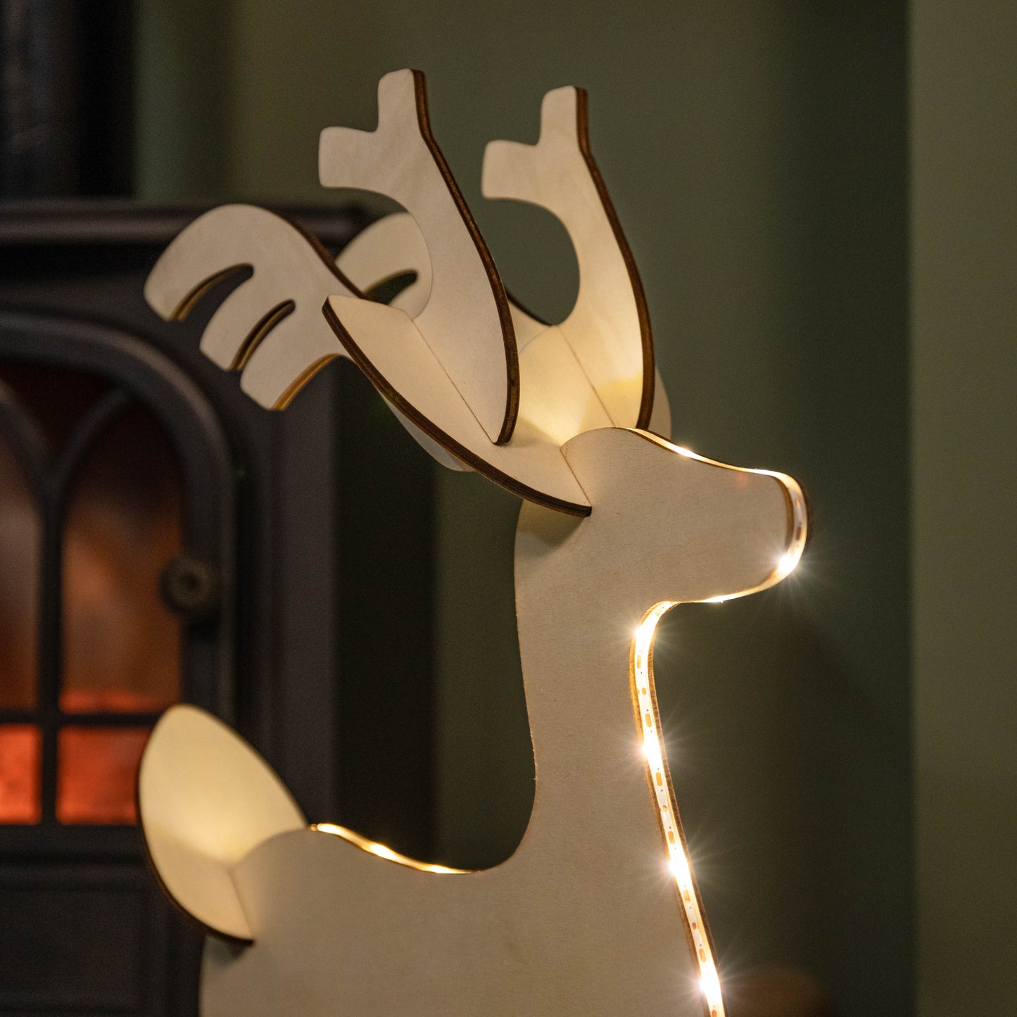 50cm Battery Operated Light up 3D Wooden Christmas Reindeer with 31 Warm White LEDs