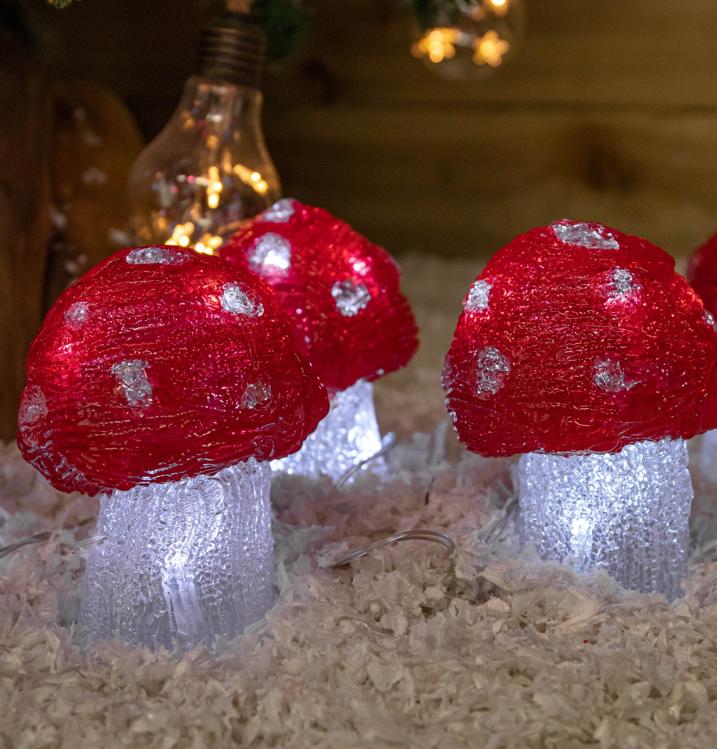 Set of 5 Battery Operated Red & White Acrylic Christmas Mushrooms with Cool White LEDs