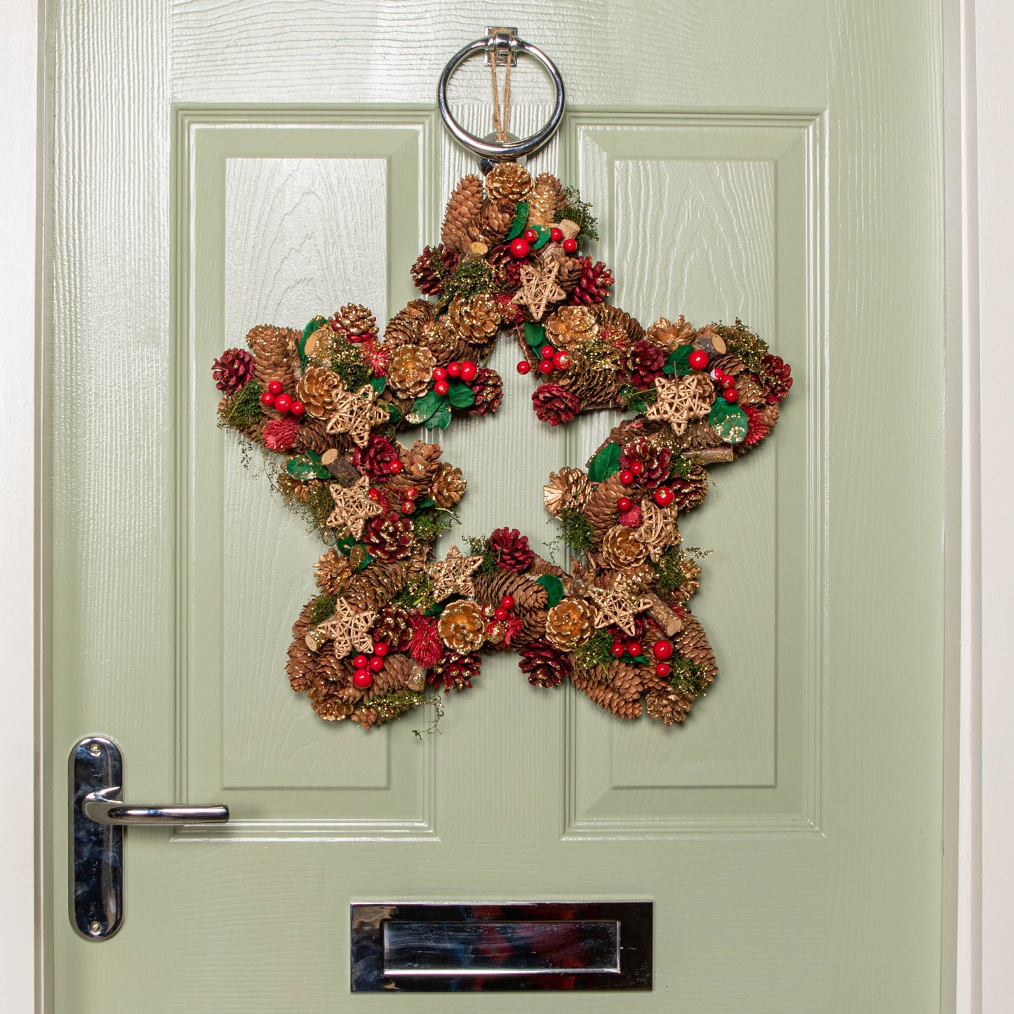 45cm Red Hanging Christmas Star Wreath with Red Berries and Pinecones 