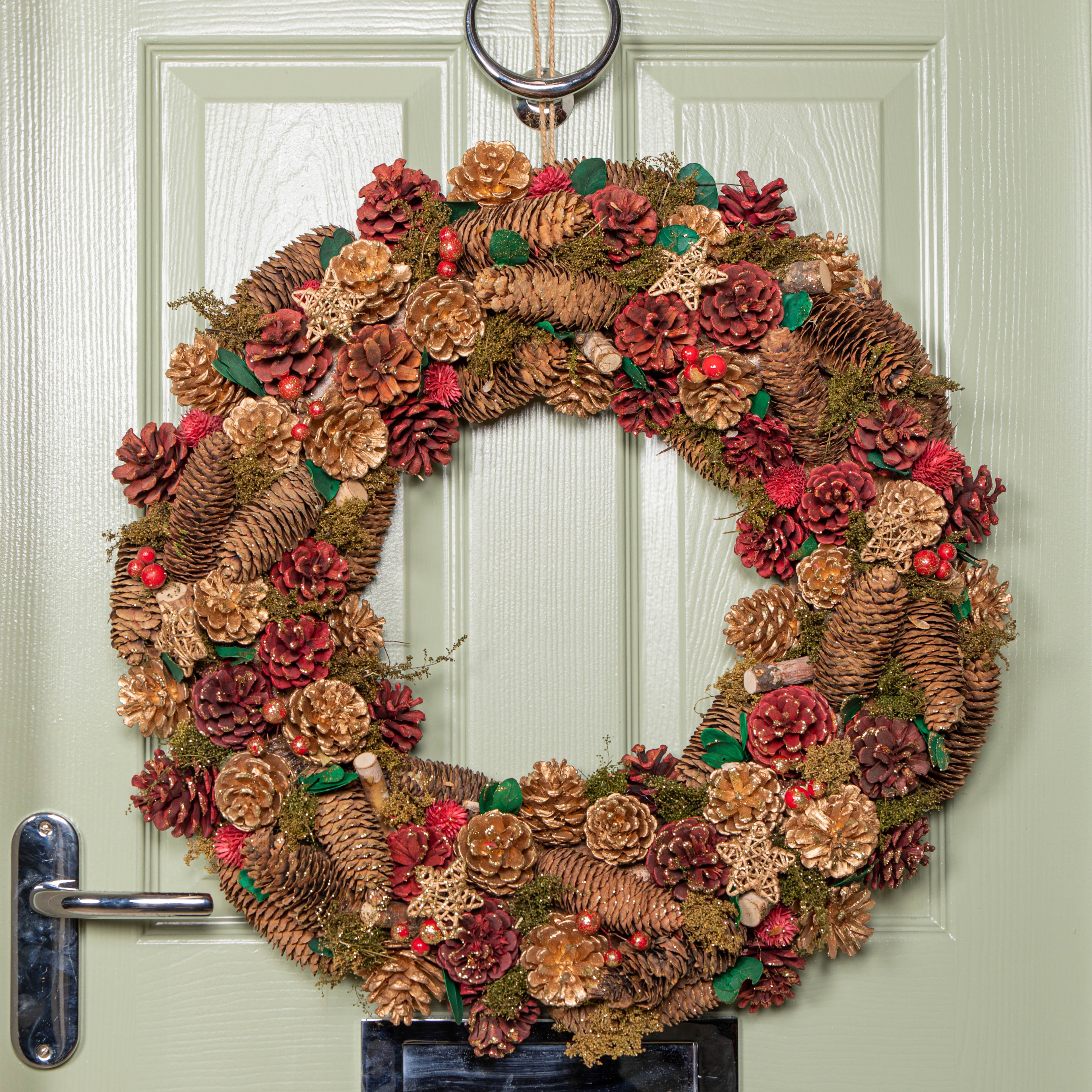 60cm Red Hanging Christmas Wreath with Red Berries and Pinecones 