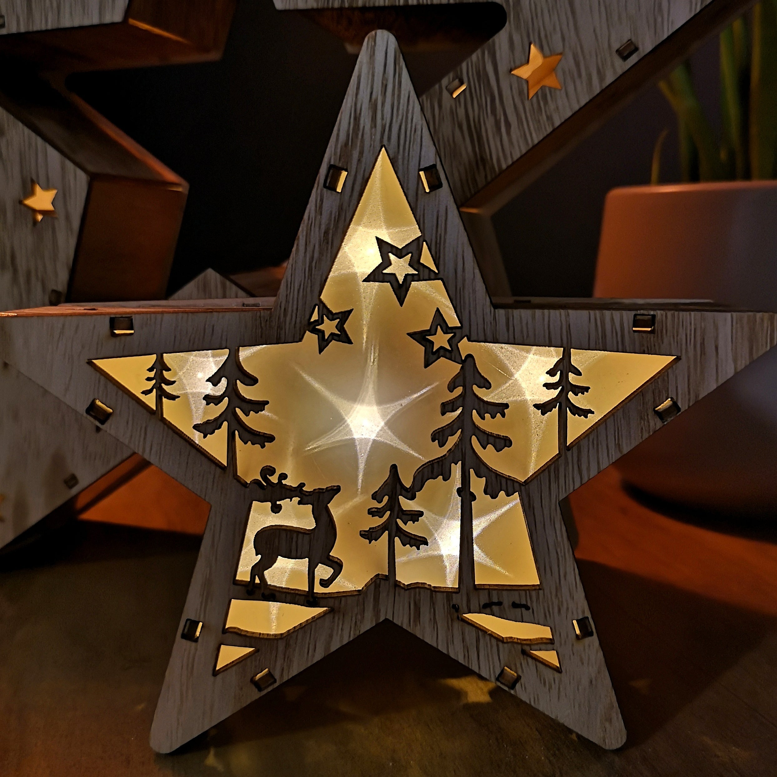 Set of 2 Battery Operated Indoor Wooden Christmas Stars with Warm White LEDs