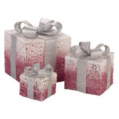 Set of 3 Battery Operated Pink Sparkly Christmas Gift Boxes with LEDs