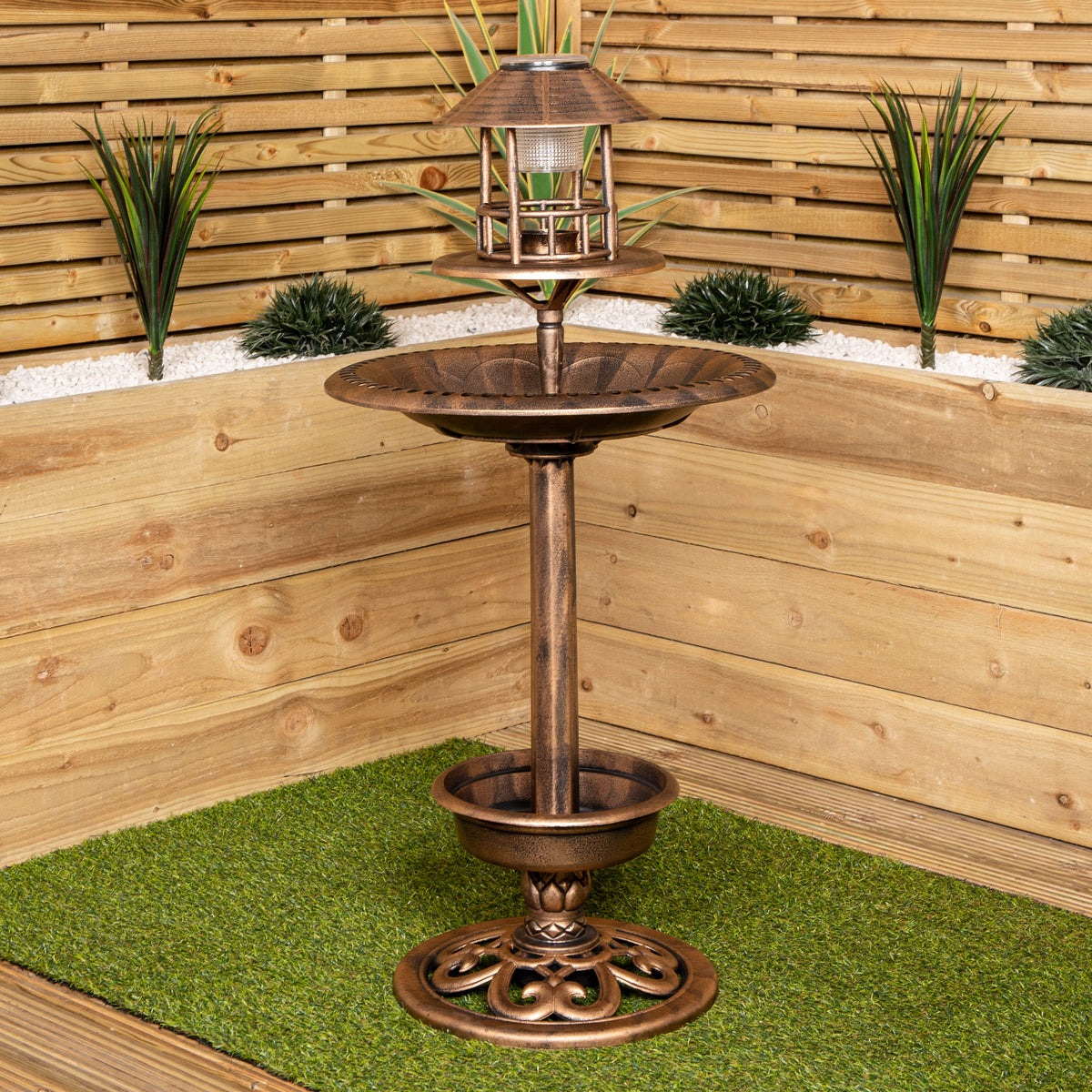 1.1m Bronze Effect Resin Garden Bird Bath & Table with Solar Light