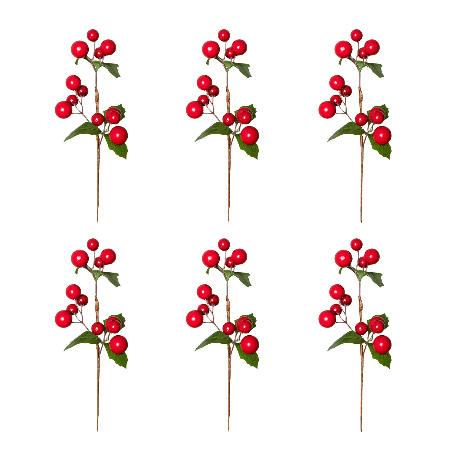 Set of 6 30cm Christmas Pick Decoration with Cherries and Holly Leaves