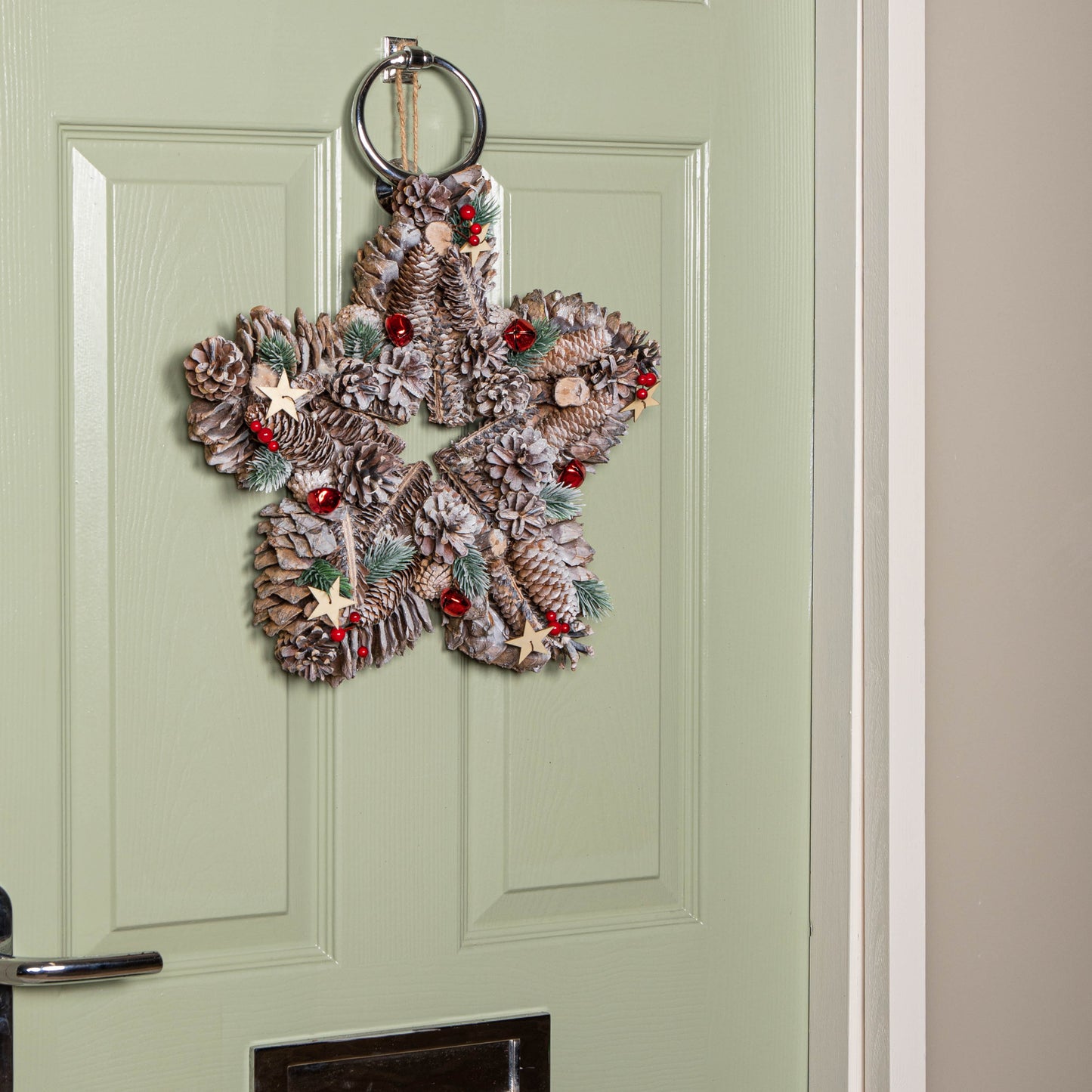 35cm Frosted Hanging Christmas Star Wreath with Red Jingle Bells & Wooden Stars