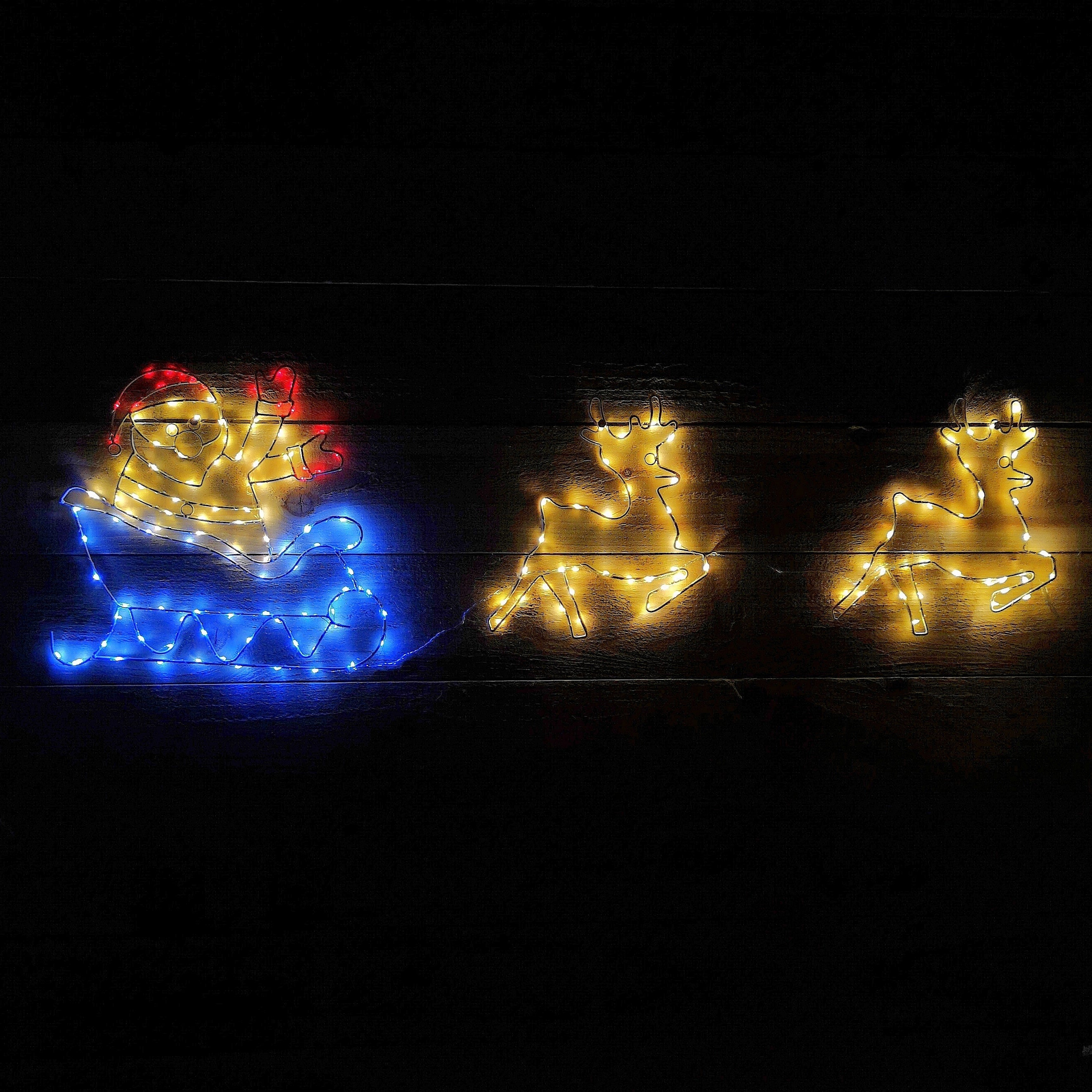 1.2m Flashing Chasing Christmas Santa Sleigh and Reindeer with 190 Red White and Blue Pin Wire LED