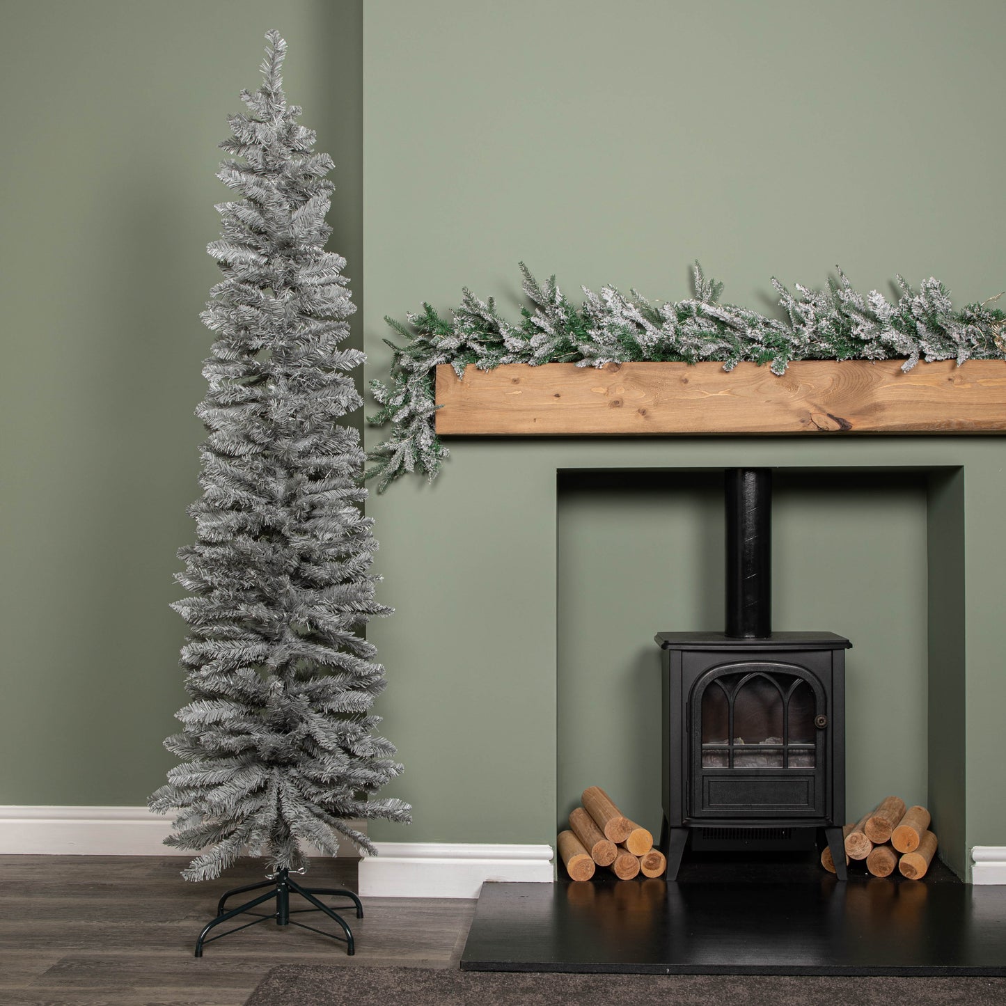 6ft (1.8m) Grey Artificial Pencil Christmas Tree With Green Metal Stand and 321 Tips