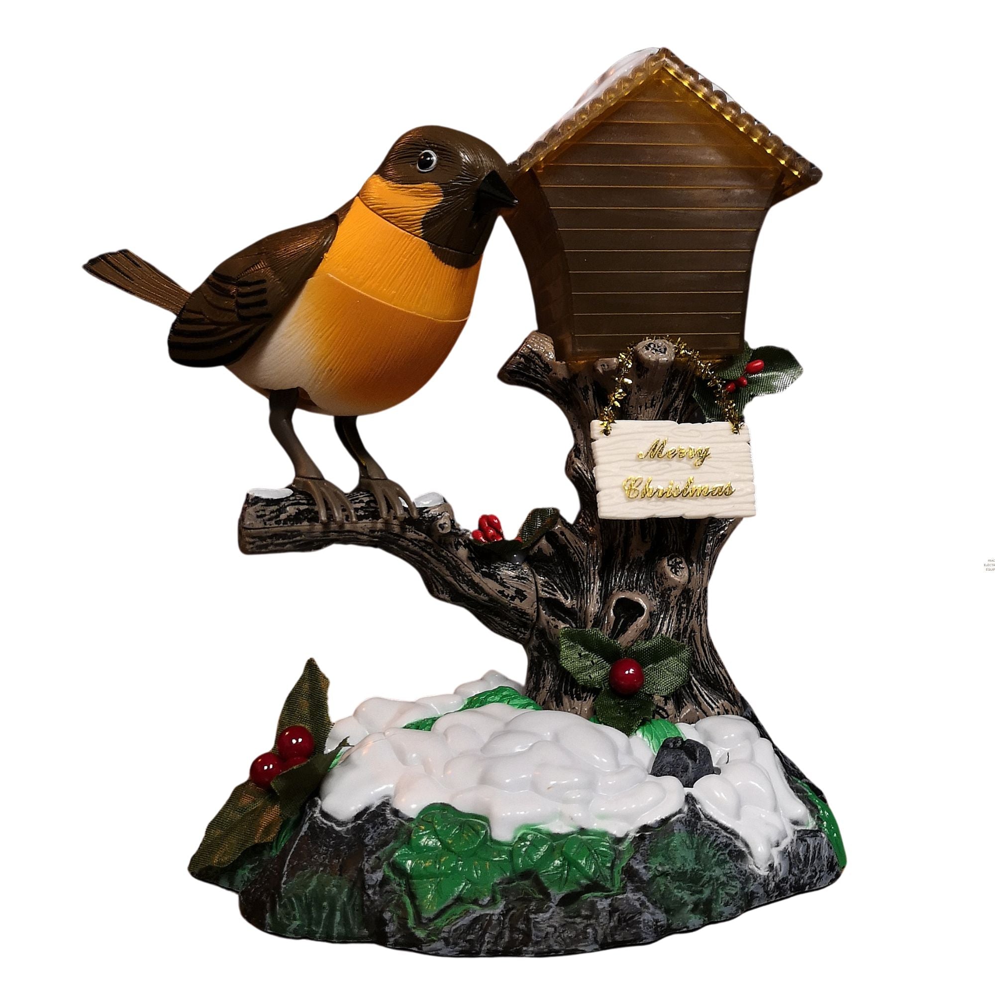 Sound Activated Animated Robin on House Chirps "We Wish You a Merry Christmas"
