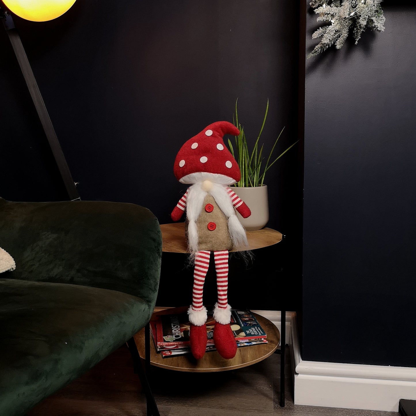 53cm Stripey Red Plush Sitting Christmas Girl Gonk with Dangly Legs and Mushroom Hat