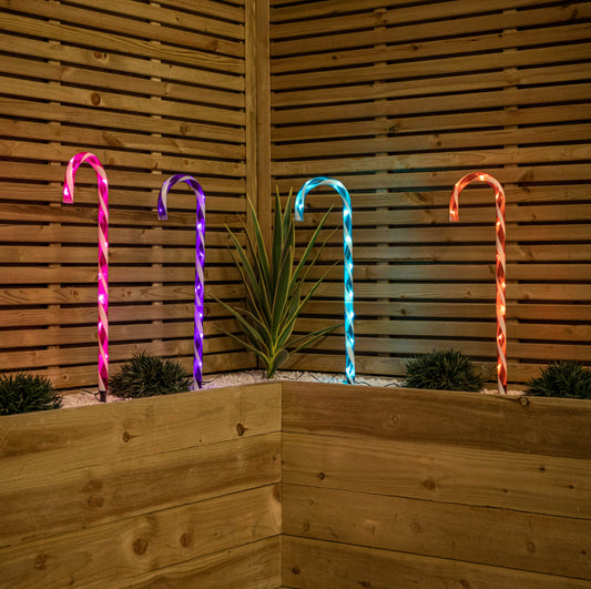 62cm Set of 4 Light up Christmas Candy Cane Garden Path Lights with 40 Rainbow LEDs