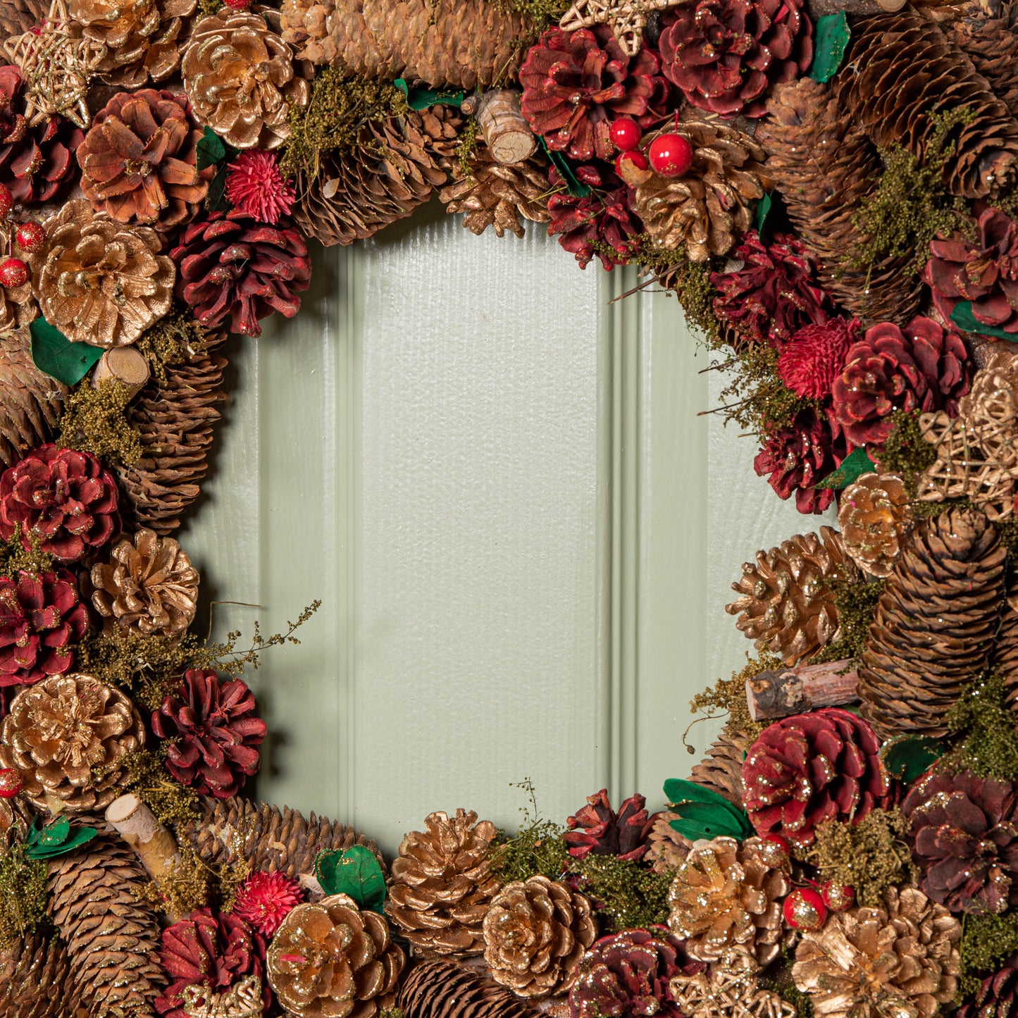 60cm Red Hanging Christmas Wreath with Red Berries and Pinecones 