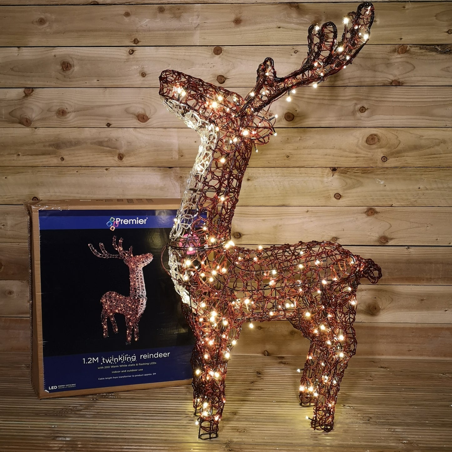 1.2m Flashing Warm White 200 LED Reindeer Outdoor Christmas Light Up Decorations