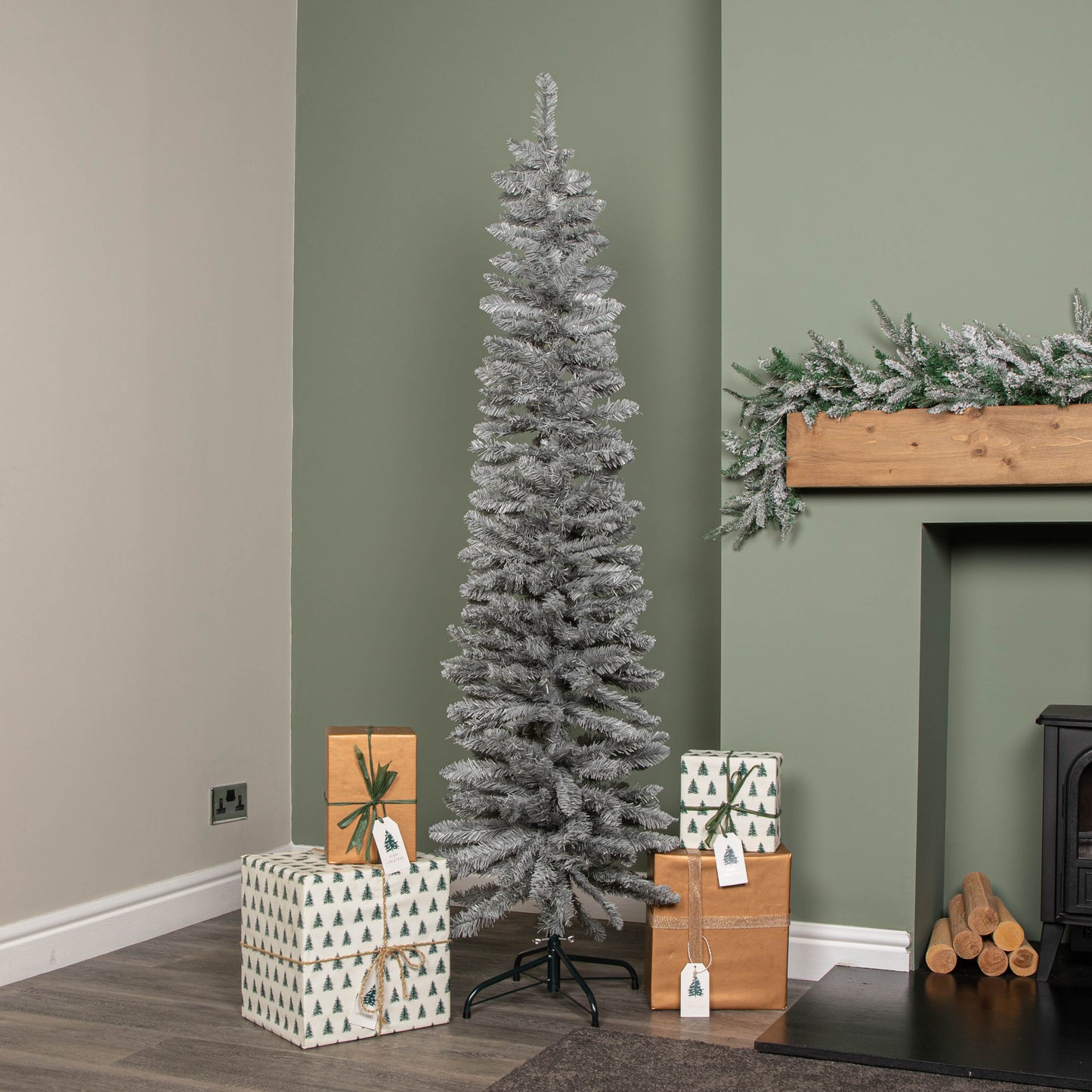 6ft (1.8m) Grey Artificial Pencil Christmas Tree With Green Metal Stand and 321 Tips