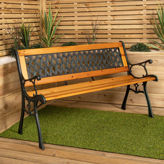 2 Seater Outdoor Wooden Cast Iron with Lattice Design Garden Patio Bench