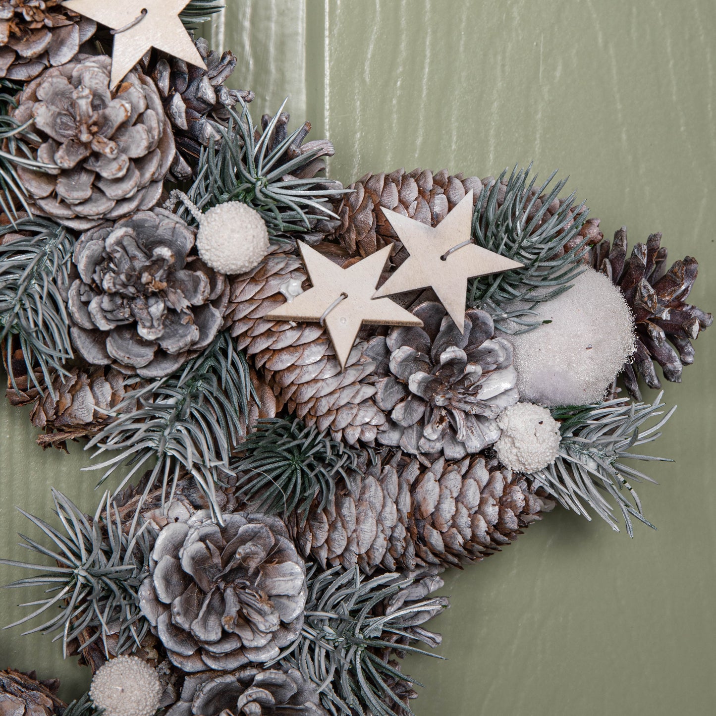 35cm Frosted Hanging Christmas Star Wreath with Pine Cones & Wooden Stars