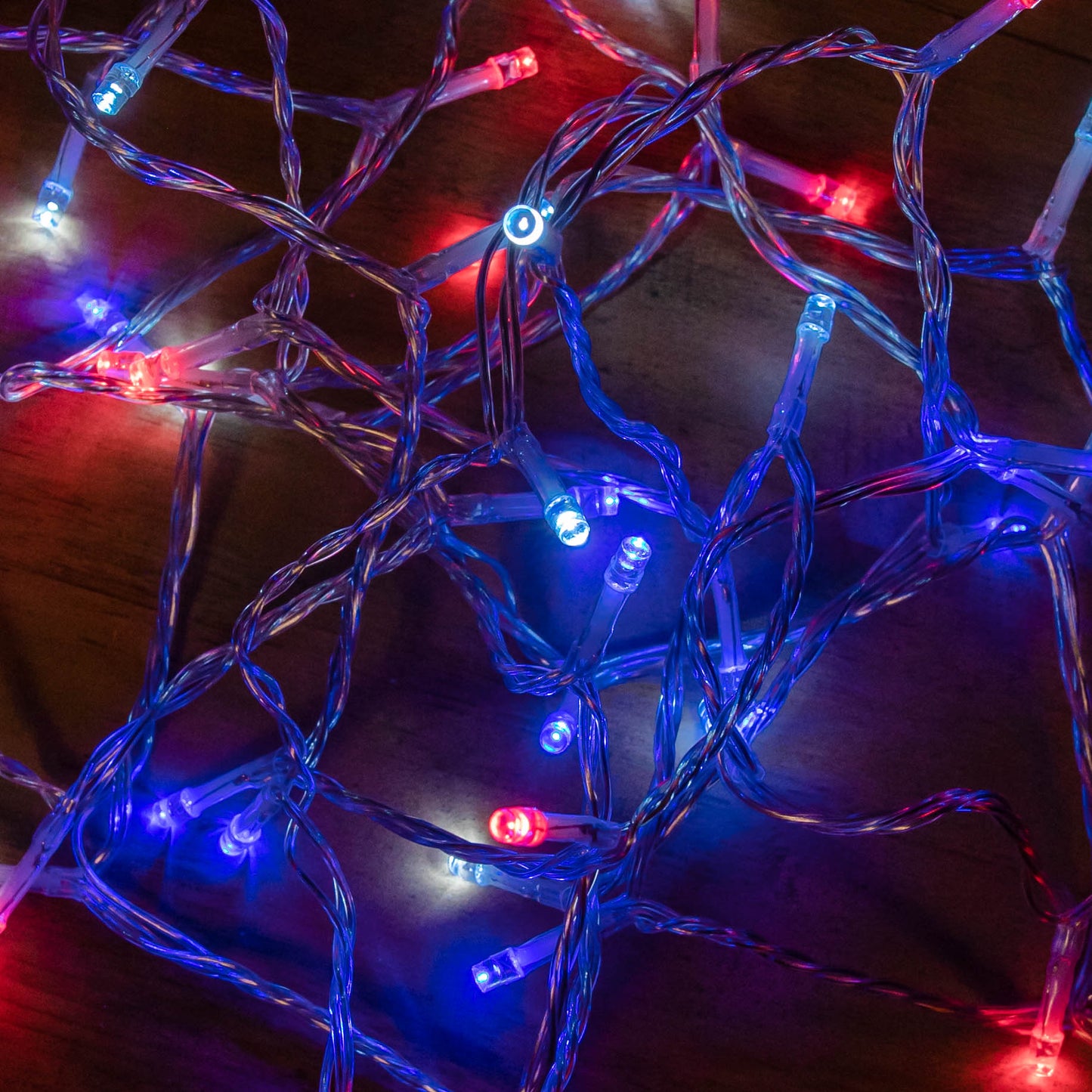 16m 200 LED SupaBrights Multi-Action Christmas String Lights with Timer in Blue, Red & White on Clear Cable