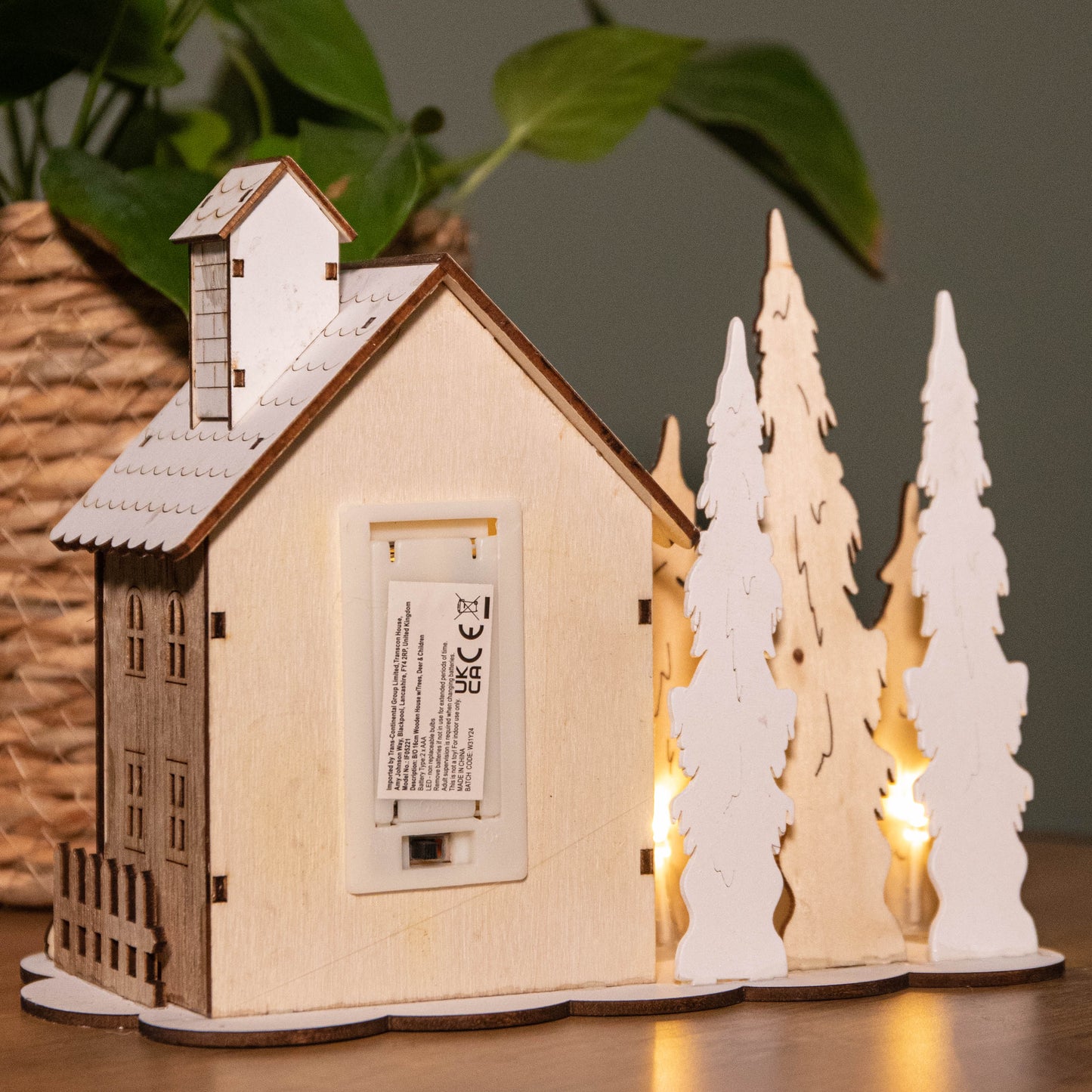 16cm Battery Operated Light up Wooden House Scene with Christmas Trees and Warm White LEDs