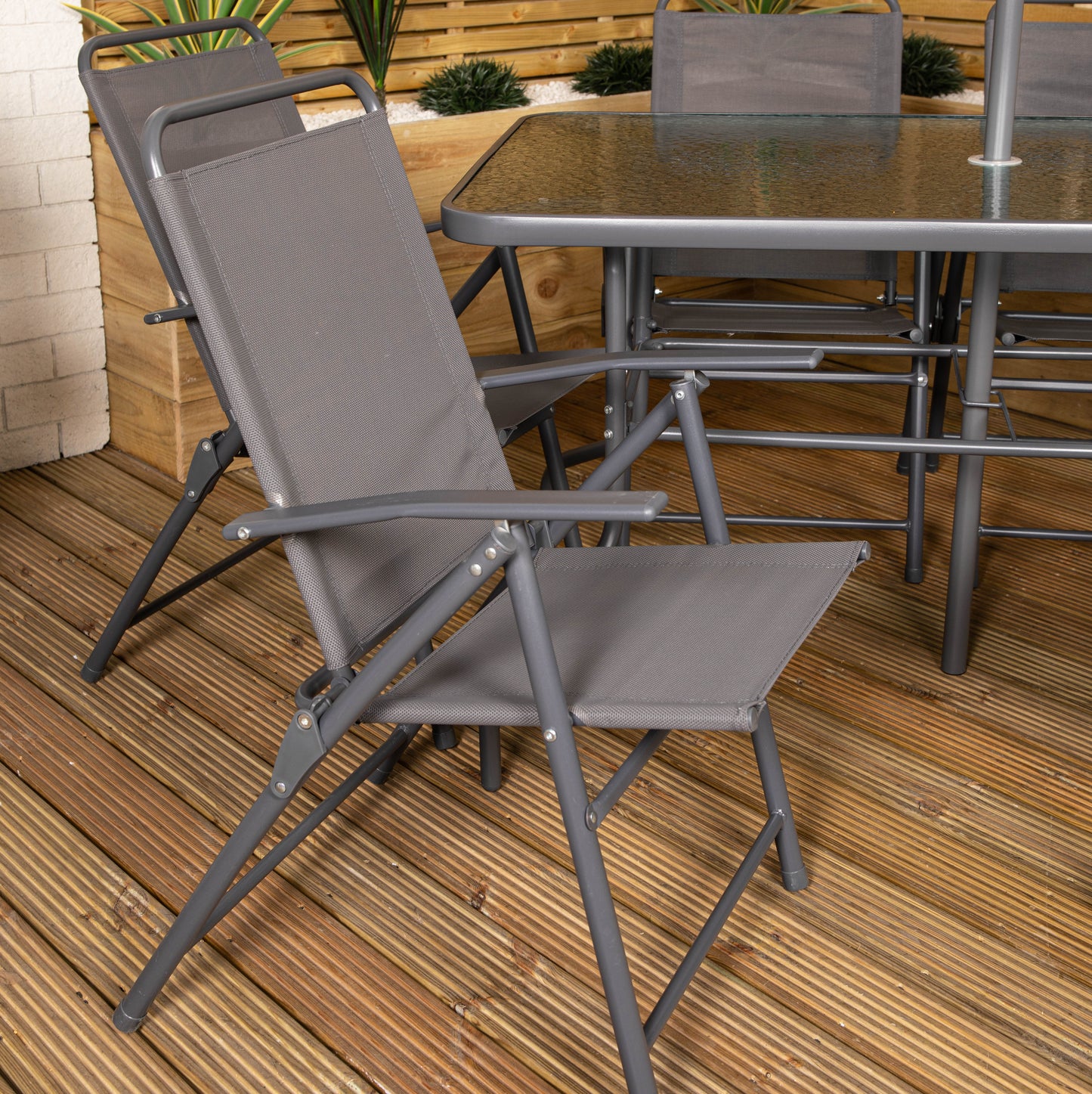 Samuel Alexander Outdoor 6 Seater Glass Top Table and Chairs Patio Set with Parasol in Grey