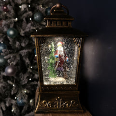 24cm Antique Trapezoid Lantern Glitter Water Spinner with Santa Christmas Decoration
