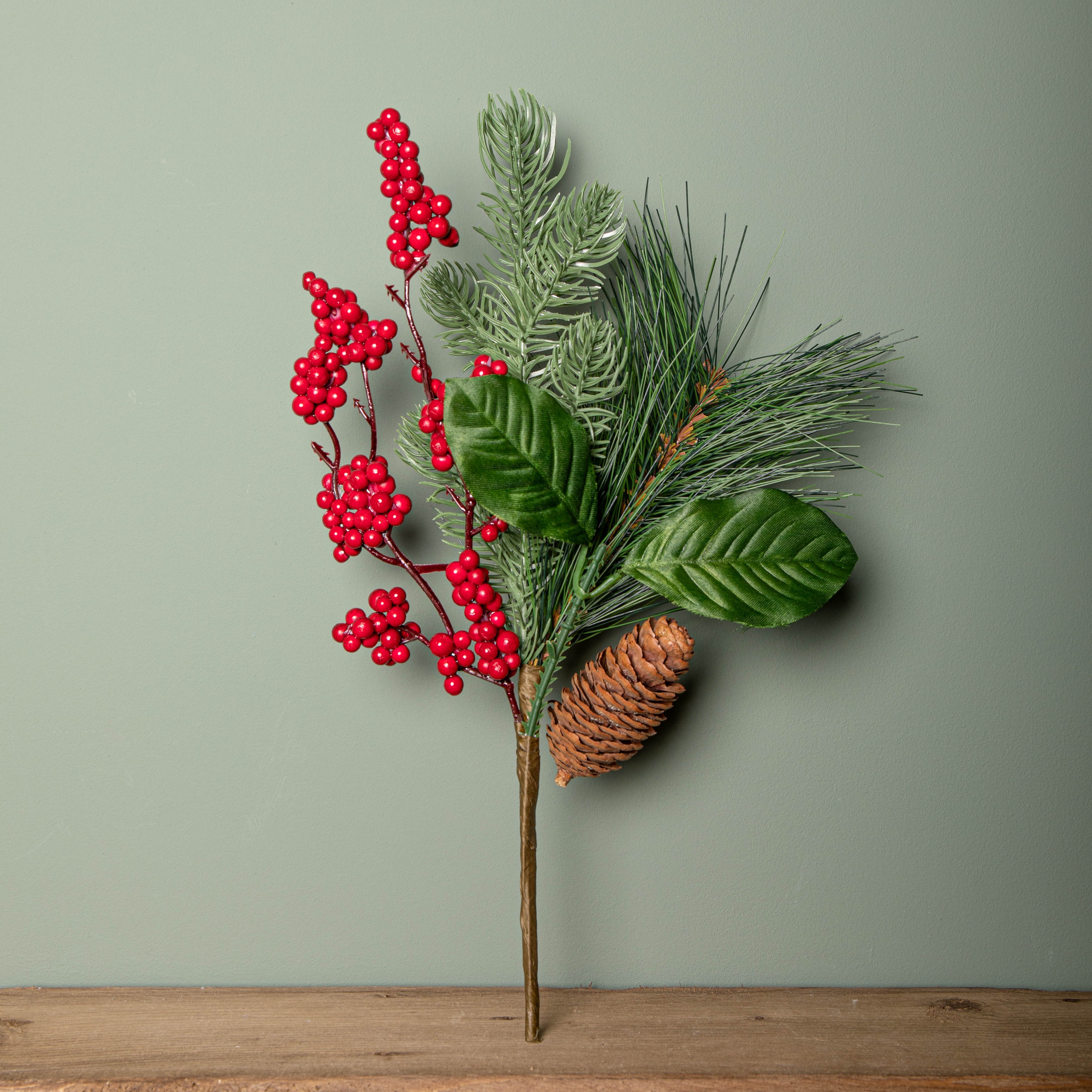 Set of 6 34cm Christmas Pick with Red Berries and Pinecones