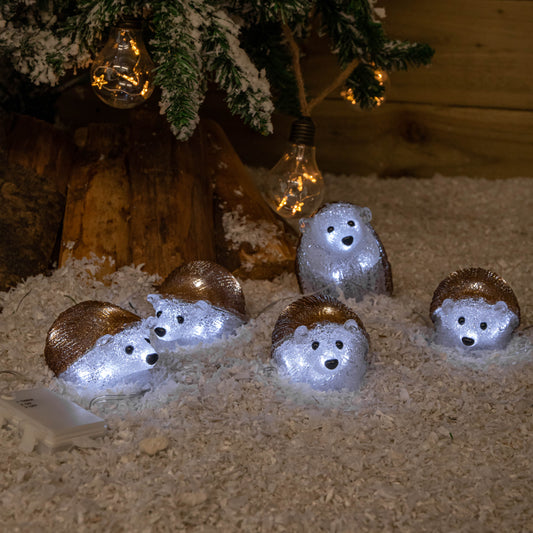 Set of 5 Battery Operated Brown Acrylic Christmas Hedgehogs with Cool White LEDs