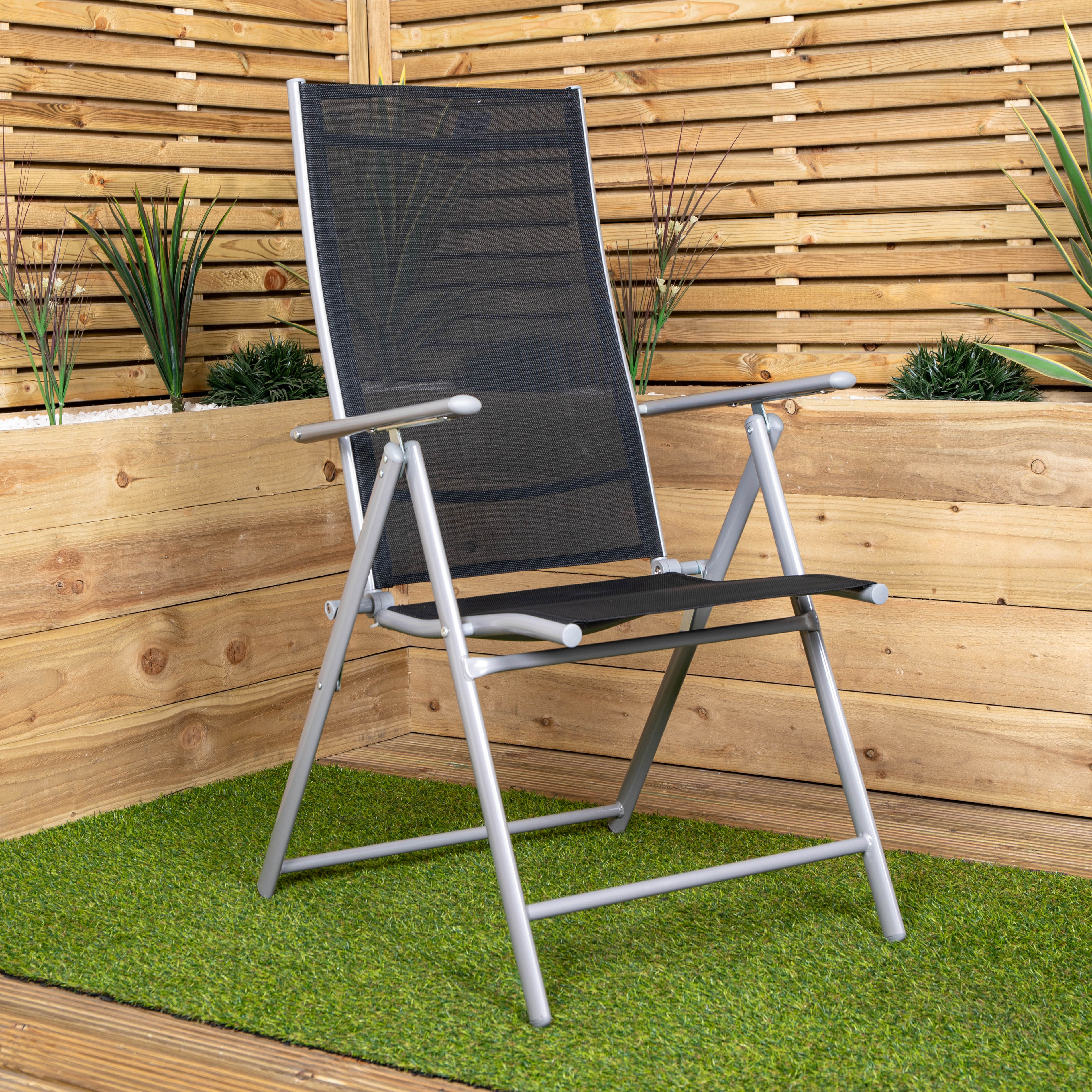 Outdoor Garden Patio Multi Position Reclining Folding Chair in Black and Silver