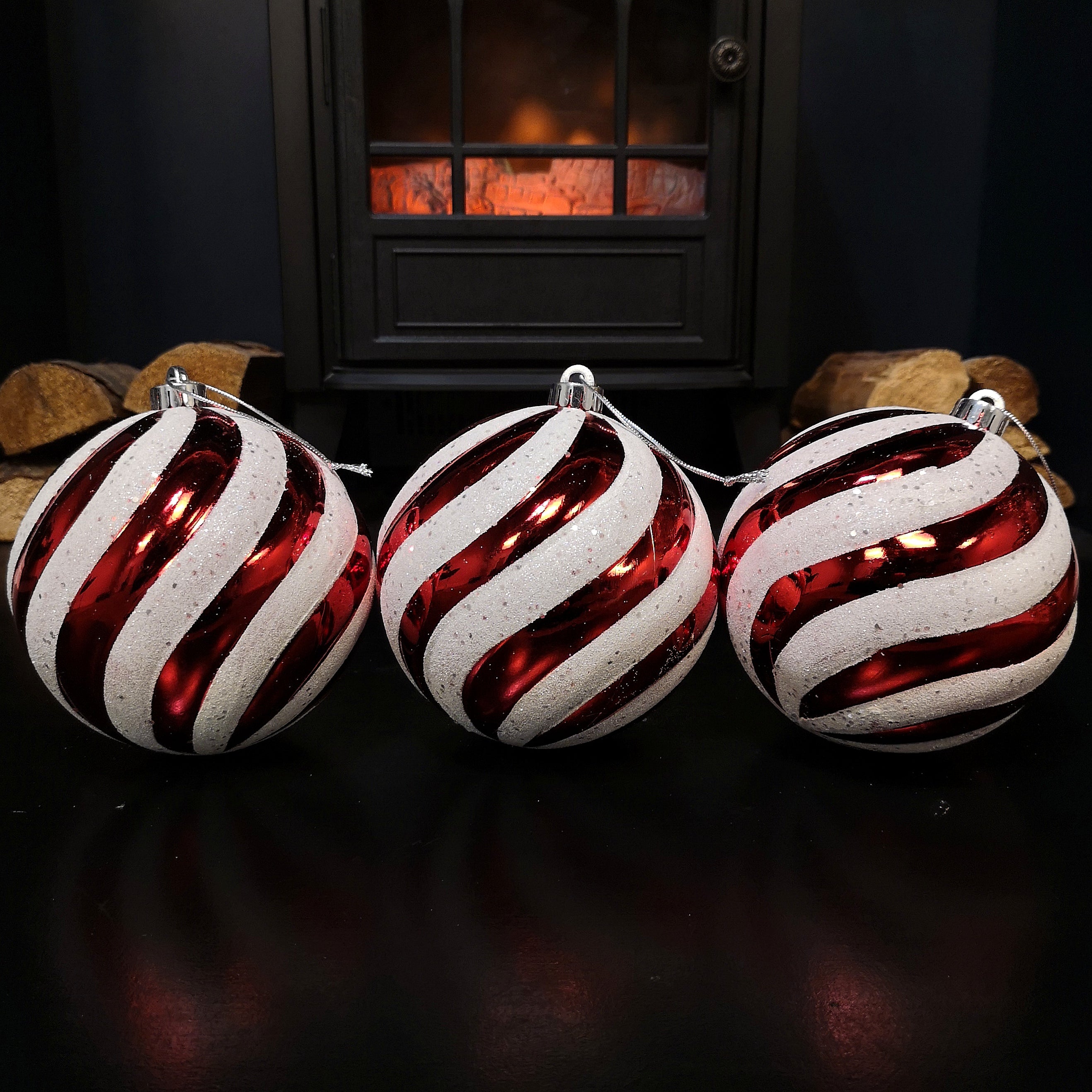 Pack of 3 Large Red & White Candy Cane Shatterproof Christmas Baubles Decorations