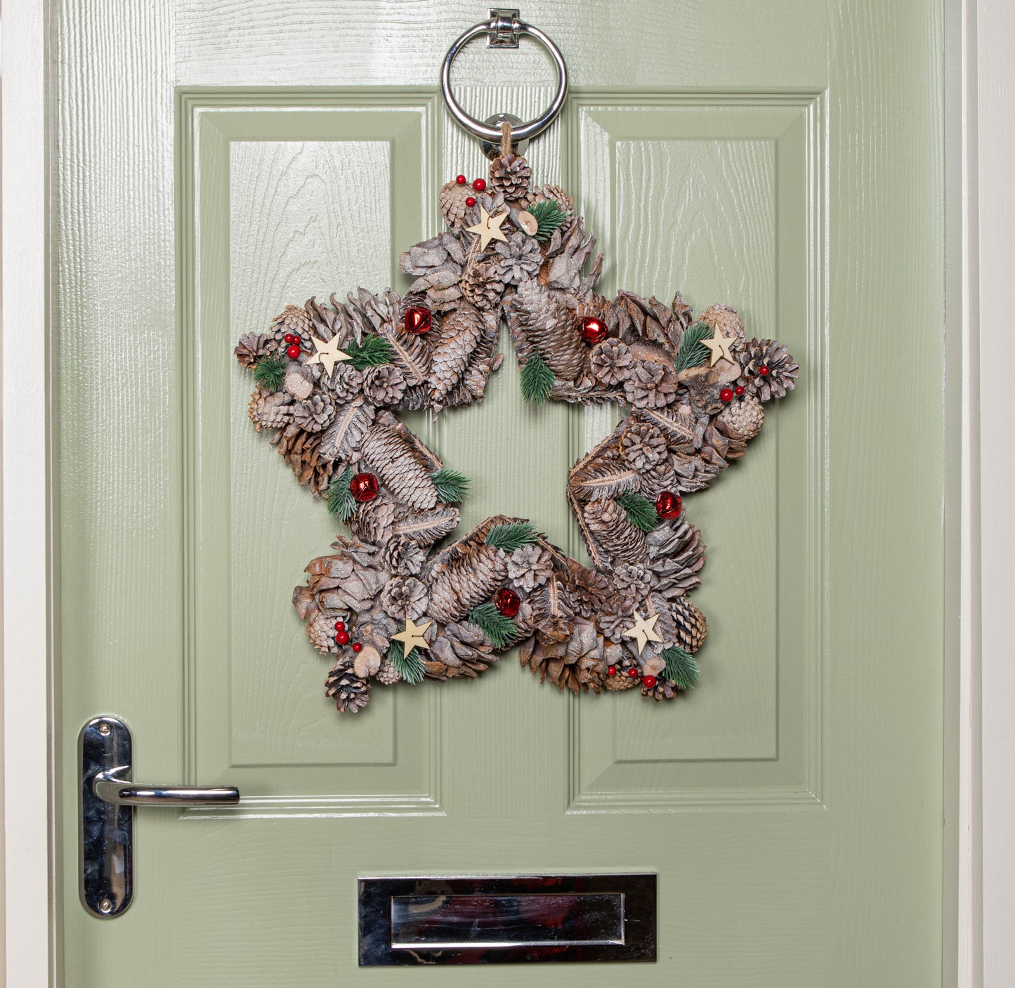 45cm Frosted Hanging Christmas Star Wreath with Red Jingle Bells & Wooden Stars