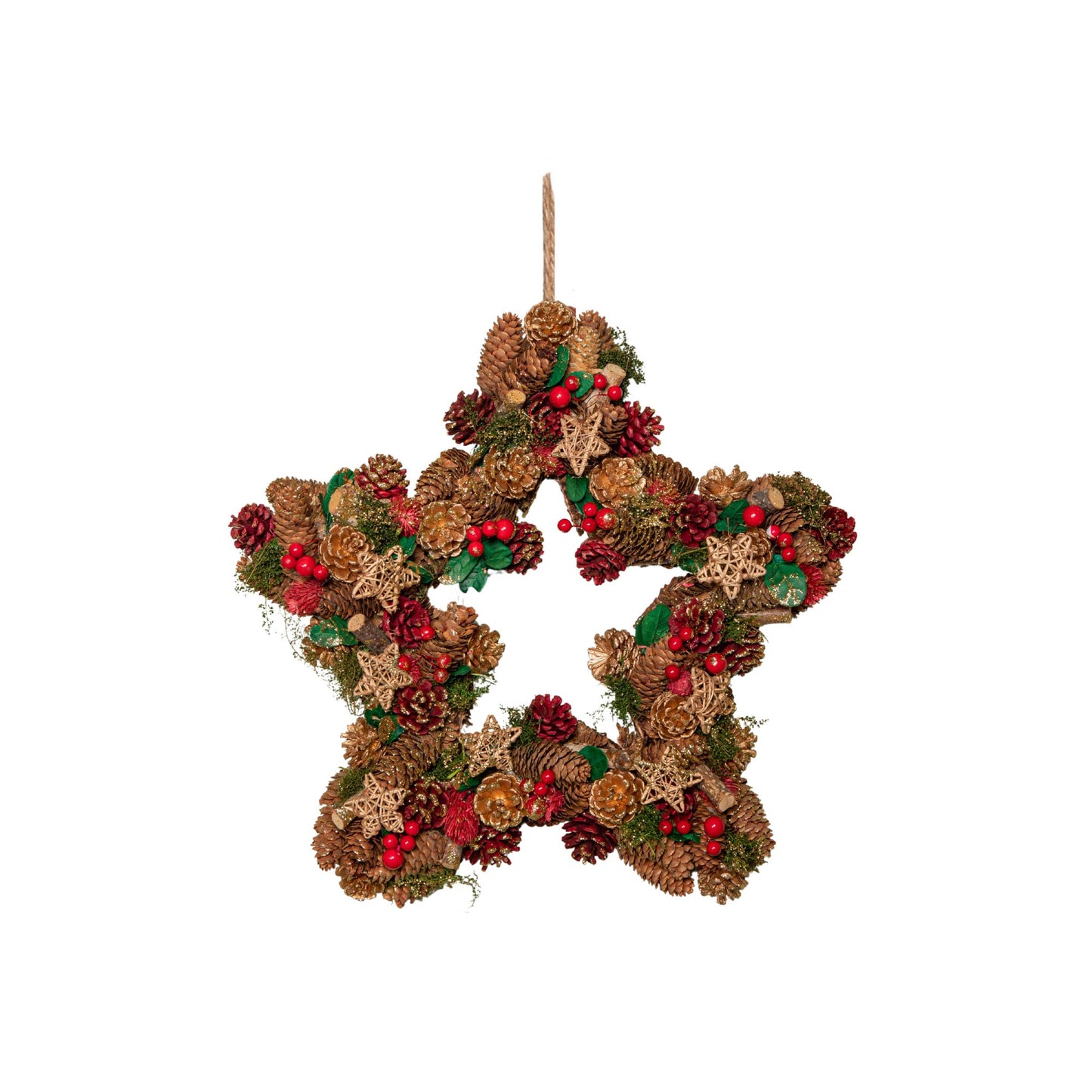 35cm Red Hanging Star Christmas Wreath with Red Berries and Pinecones 