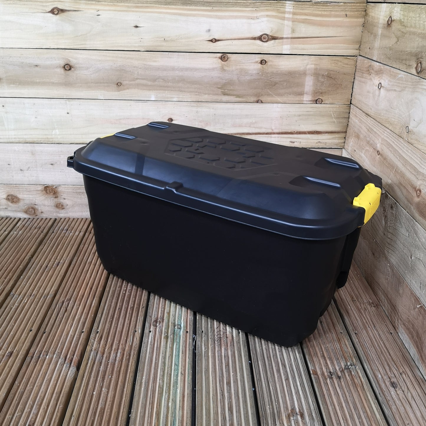 1 x 145L AND 2 x 60L Heavy Duty Trunks 1 on Wheels Sturdy, Lockable, Stackable and Nestable Design Storage Chest with Clips in Black