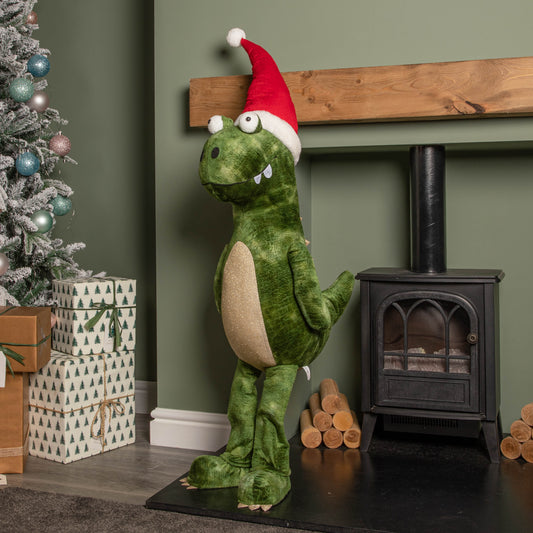 1.17m Humongous Green Standing Christmas Dinosaur with Santa Hat