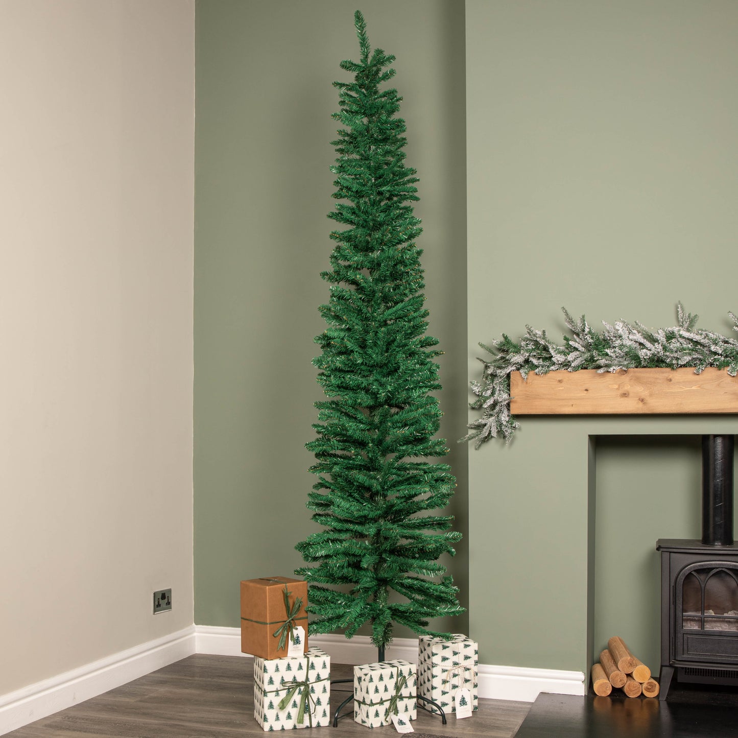 8ft (2.4m) Green Artificial Pencil Christmas Tree With Green Metal Stand and 460 Tips