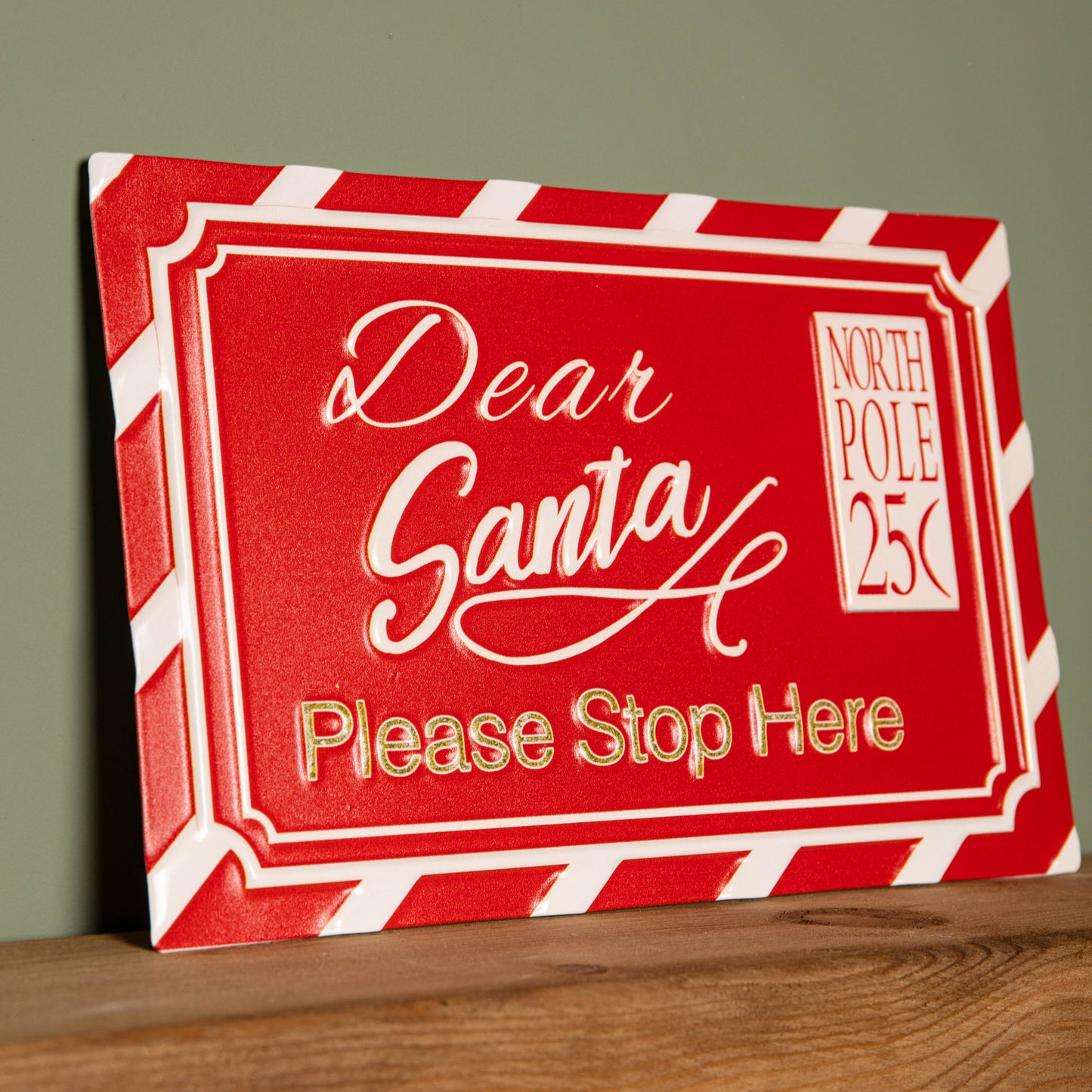 29cm Red and White Dear Santa Stop Here Hanging Metal Sign Christmas Decoration