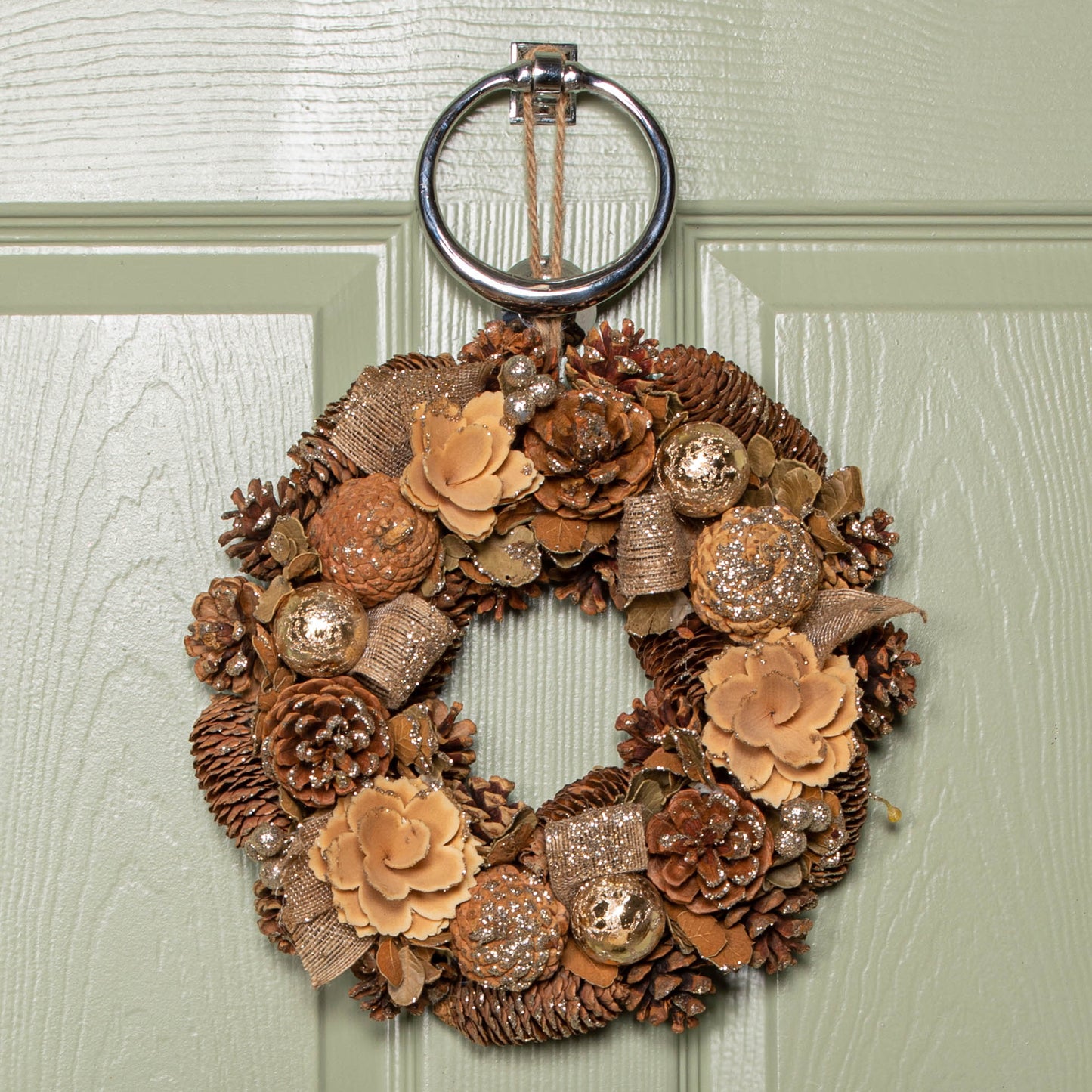 30cm Hanging Christmas Gold Fest Wreath with Pinecones and Gold Berries