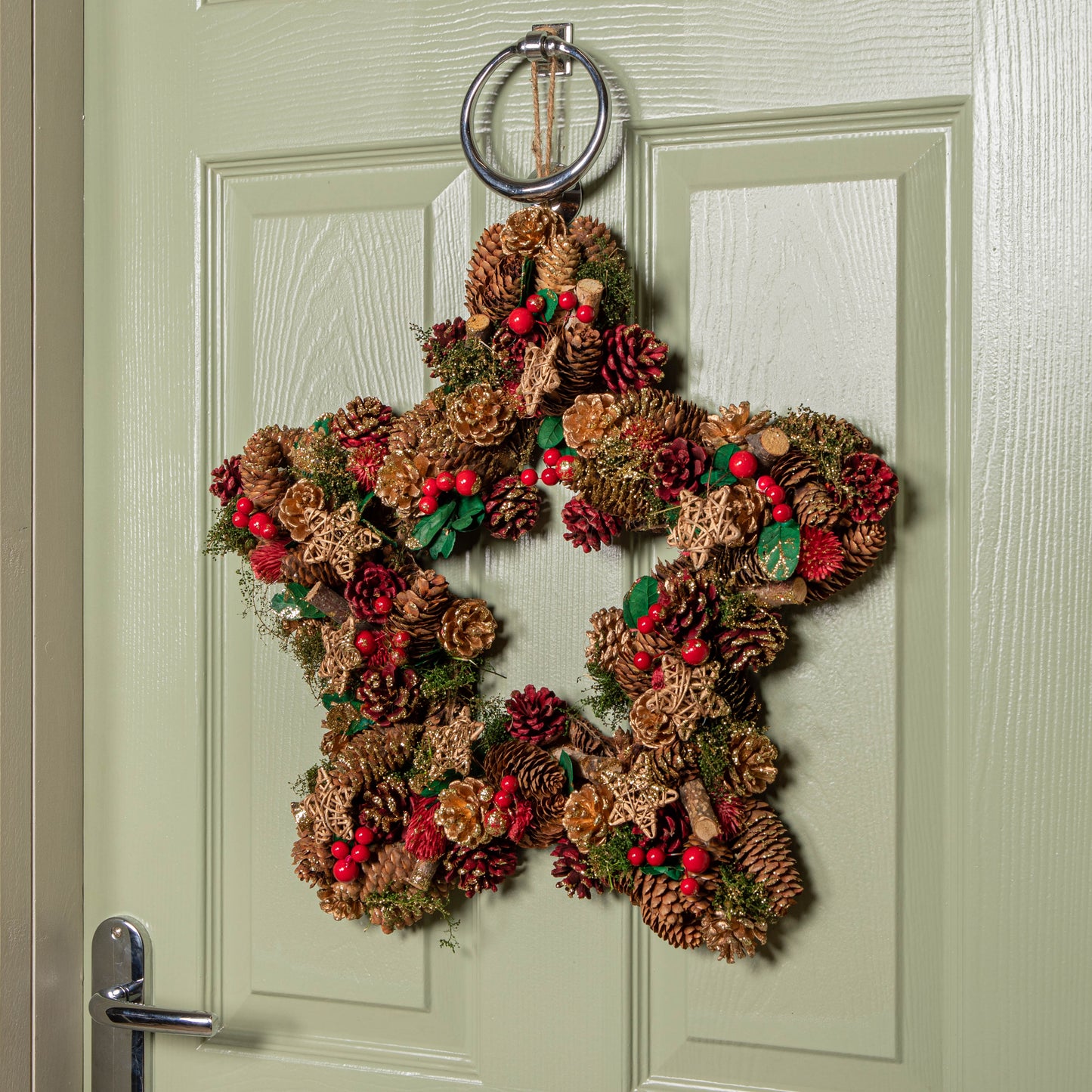 45cm Red Hanging Christmas Star Wreath with Red Berries and Pinecones 